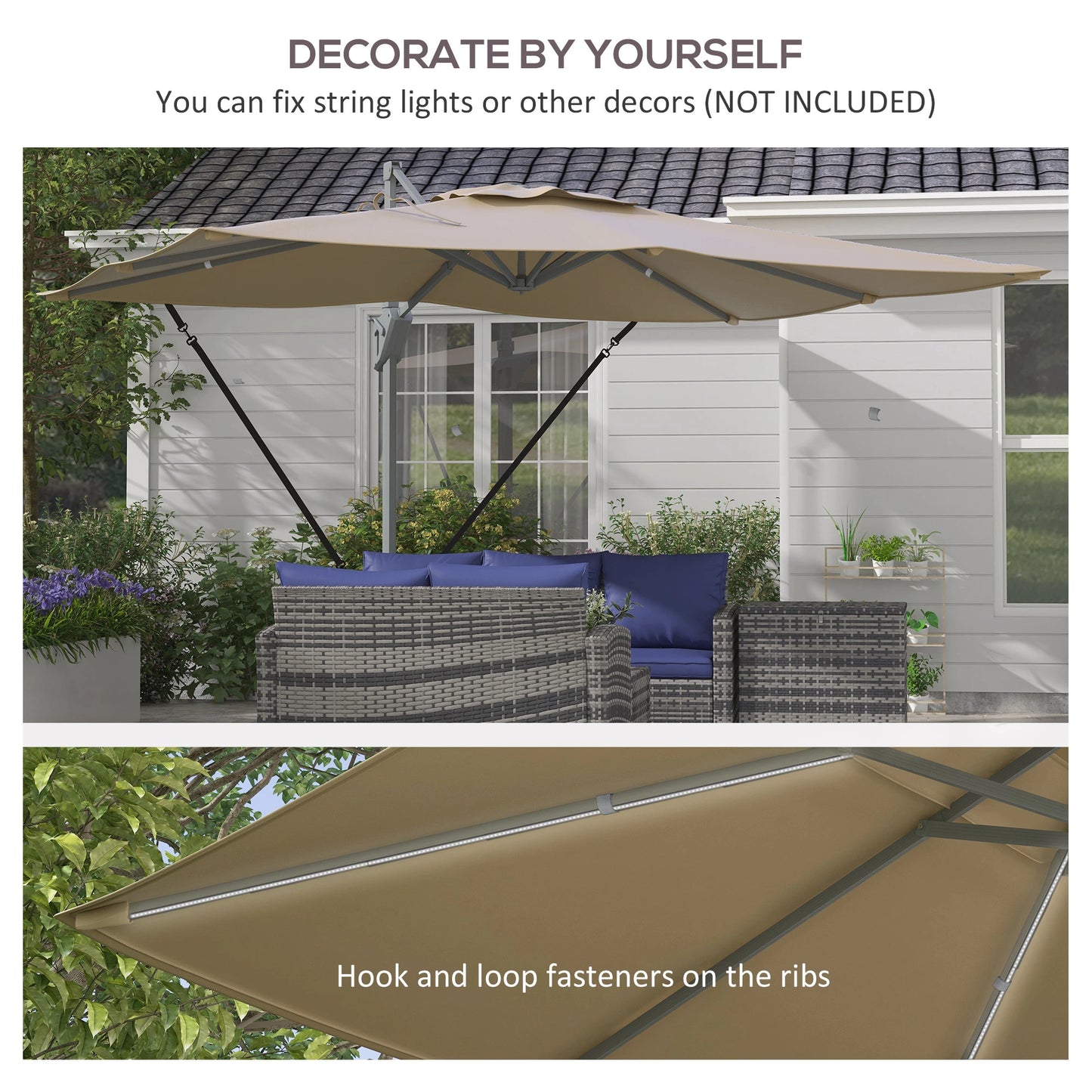 13 FT Cantilever Umbrella, Aluminum Hanging Offset with 360°Rotation, Crank, Tilt, Cross Base, in Khaki