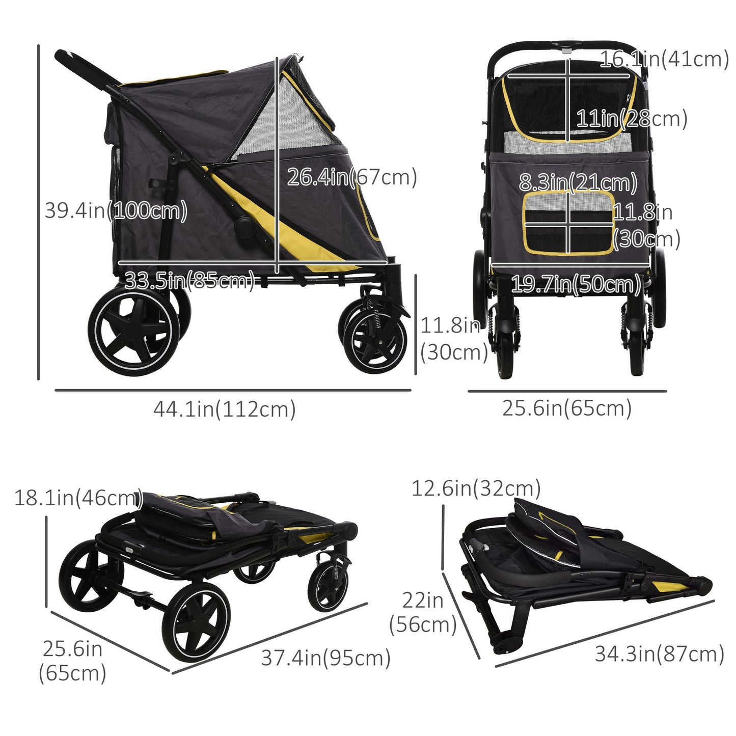 Pet Stroller with Universal Front Wheels, Shock Absorber, One-Click Foldable Dog Cat Carriage with Brakes, Storage Bags, Safety Leash for Large & Medium Dogs, Dark Gray