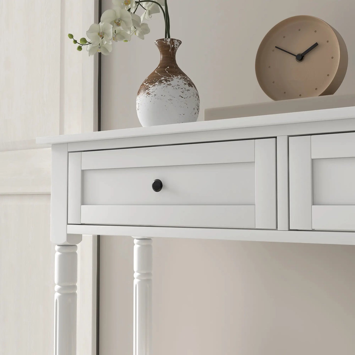 Modern Entryway Table with 2 Drawers, Storage Shelf and Turned Legs in white