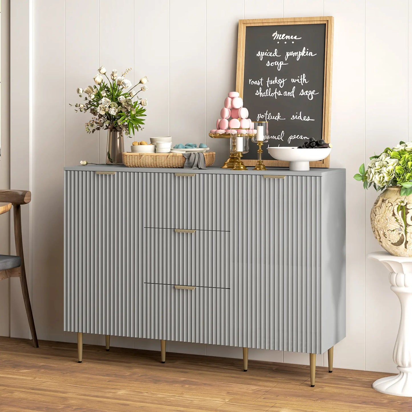 Sideboard Buffet Cabinet w/ 3 Drawers and Adjustable Shelves for Kitchen Hallway, Grey