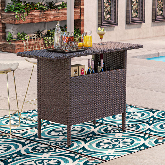 Bar Height Outdoor Rattan Table, Patio Wicker Bar Table with 2 Storage Shelves, 55.1" x 18.5" x 37", Brown