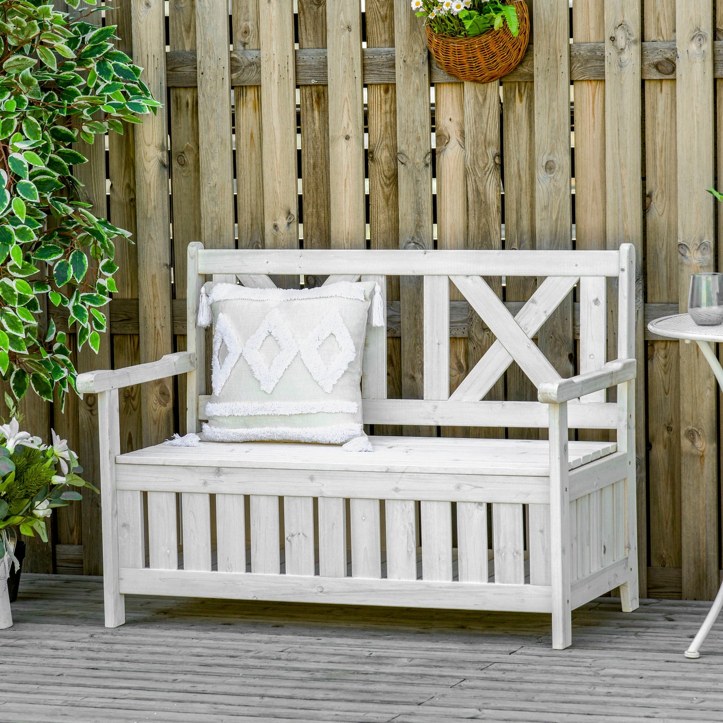 Outsunny Wooden Outdoor Storage Bench 2-Person Patio Bench with Louvered Side Panels and X-Shape Back for Garden, Patio, White