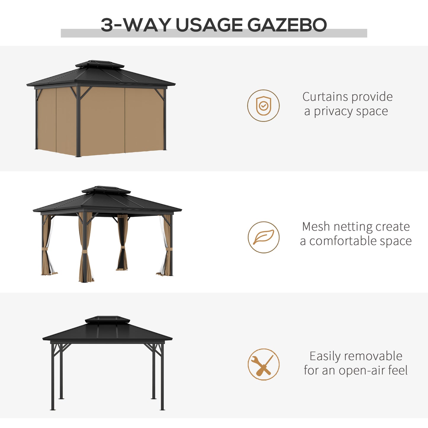 10' x 12' Hardtop Gazebo, Aluminum Frame Garden Sun Shelter with Double Tier Metal Roof, Mosquito Netting, Curtains, and Hanging Hook, Brown