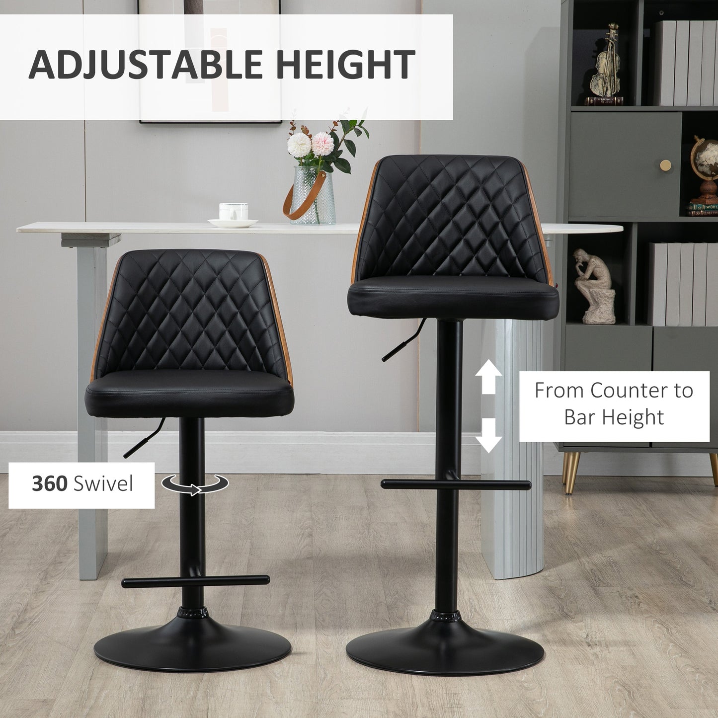 Adjustable Bar Stools Set of 2 Swivel Counter Height Barstools Chairs, PU Leather Solid Wood Back and Footrest, Black