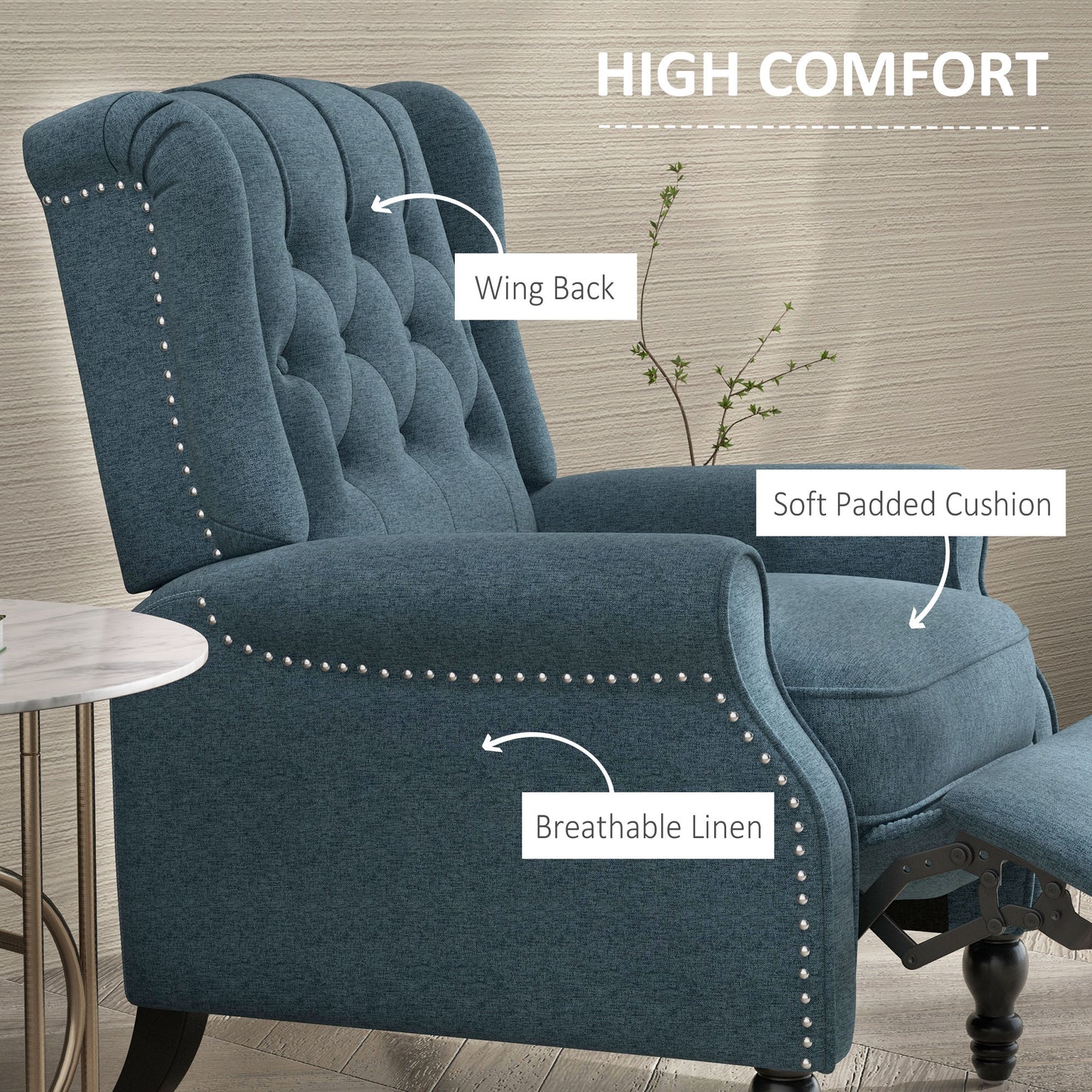 Wingback Reclining Chair with Footrest, Button Tufted Recliner Chair with Rolled Armrests for Living Room, Blue