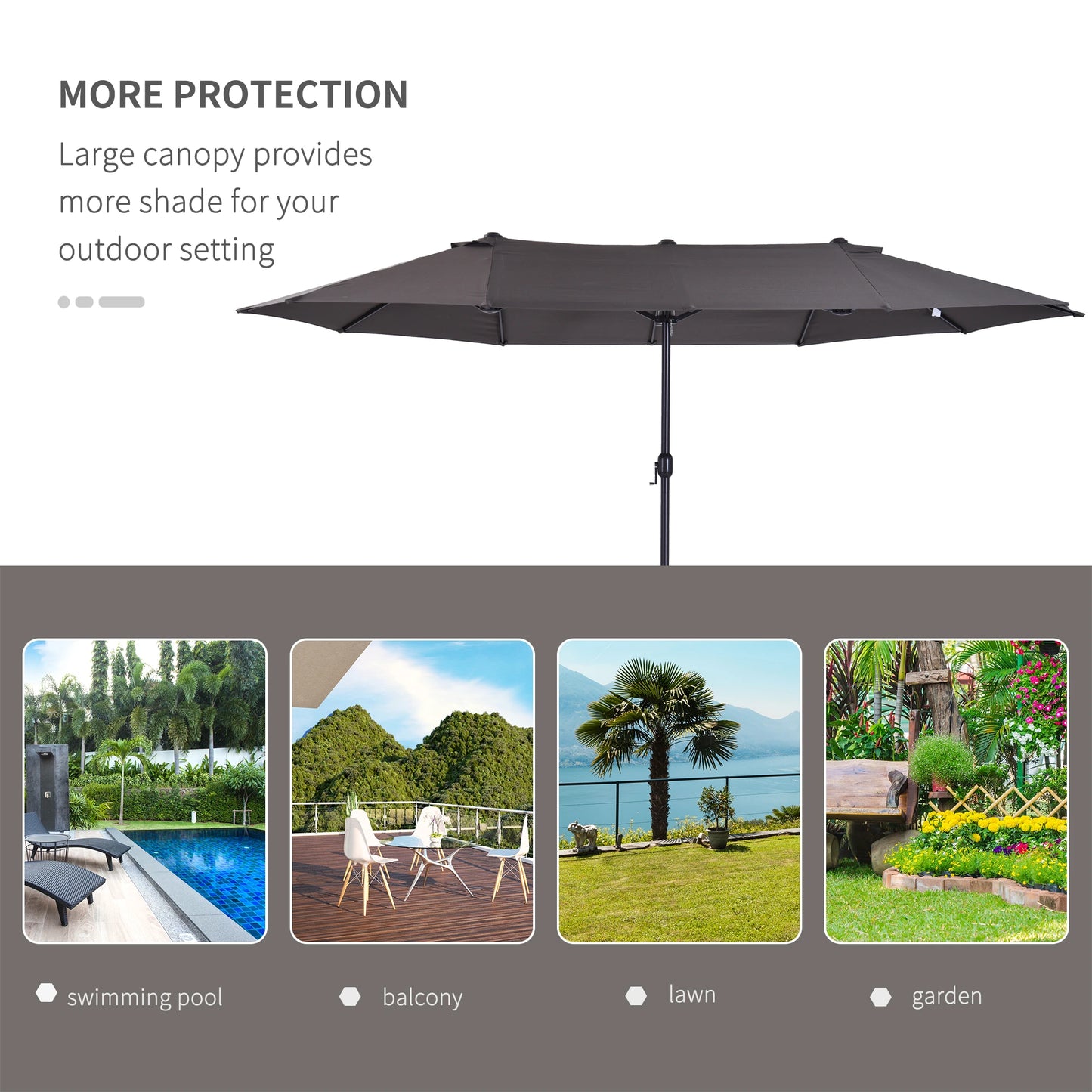 15' Double-Sided Patio Umbrella Parasol Sun Shelter Canopy Shade Grey