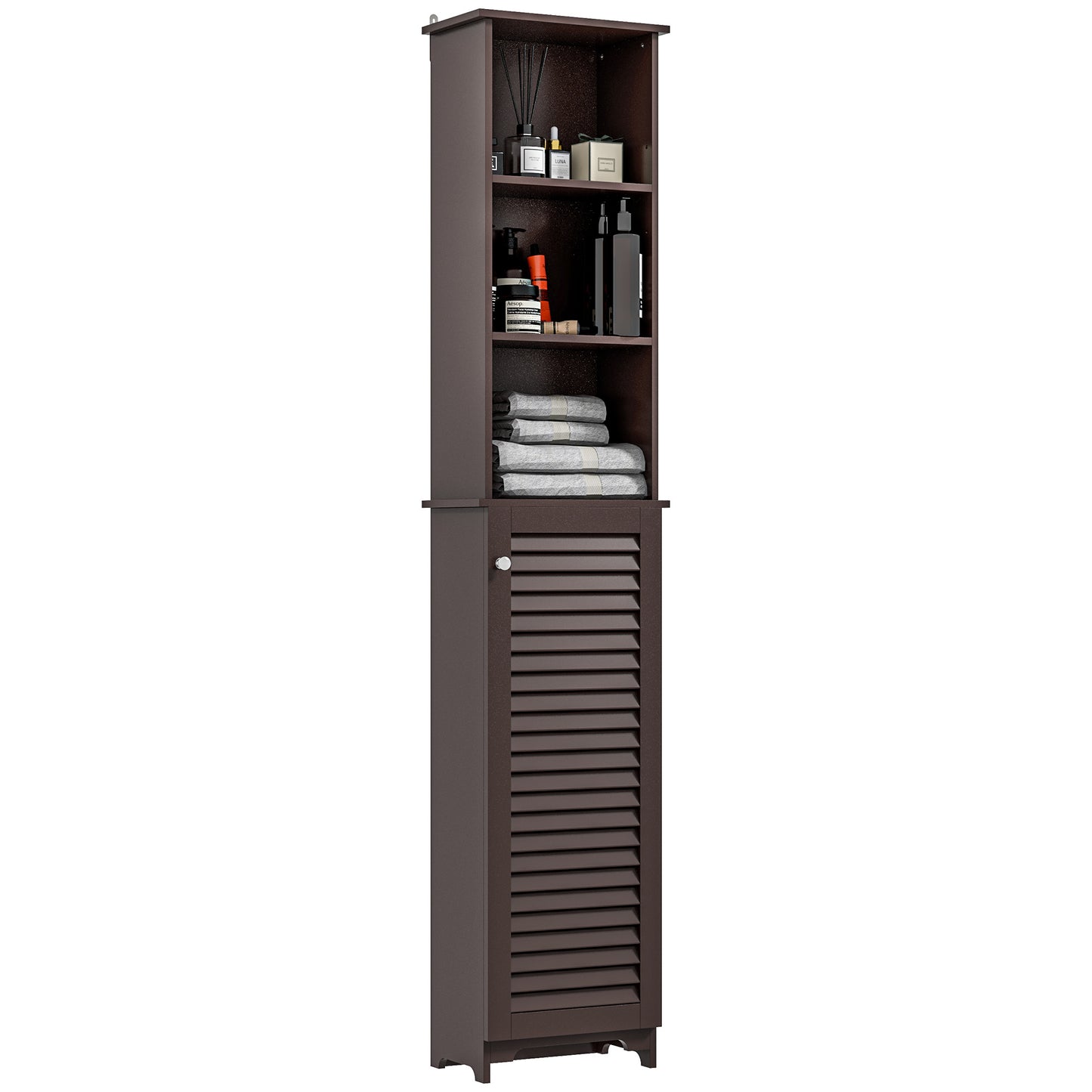 Tall Bathroom Storage Cabinet, Freestanding Linen Tower with 3-Tier Open Adjustable Shelf and Cupboard, Dark Brown