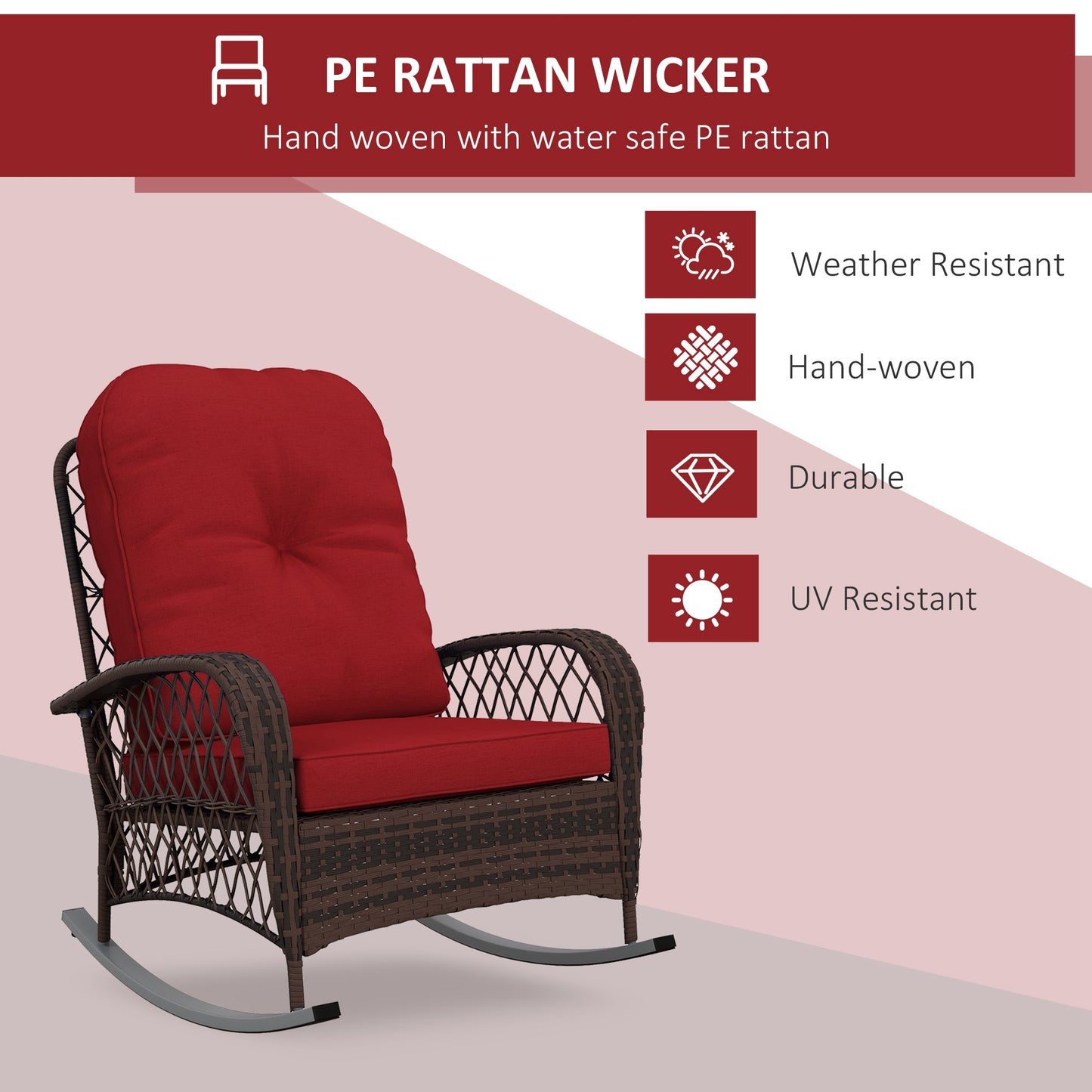 Outdoor Wicker Rattan Rocking Chair Patio Rocker with Thick Cushions for Garden Backyard Porch, Red