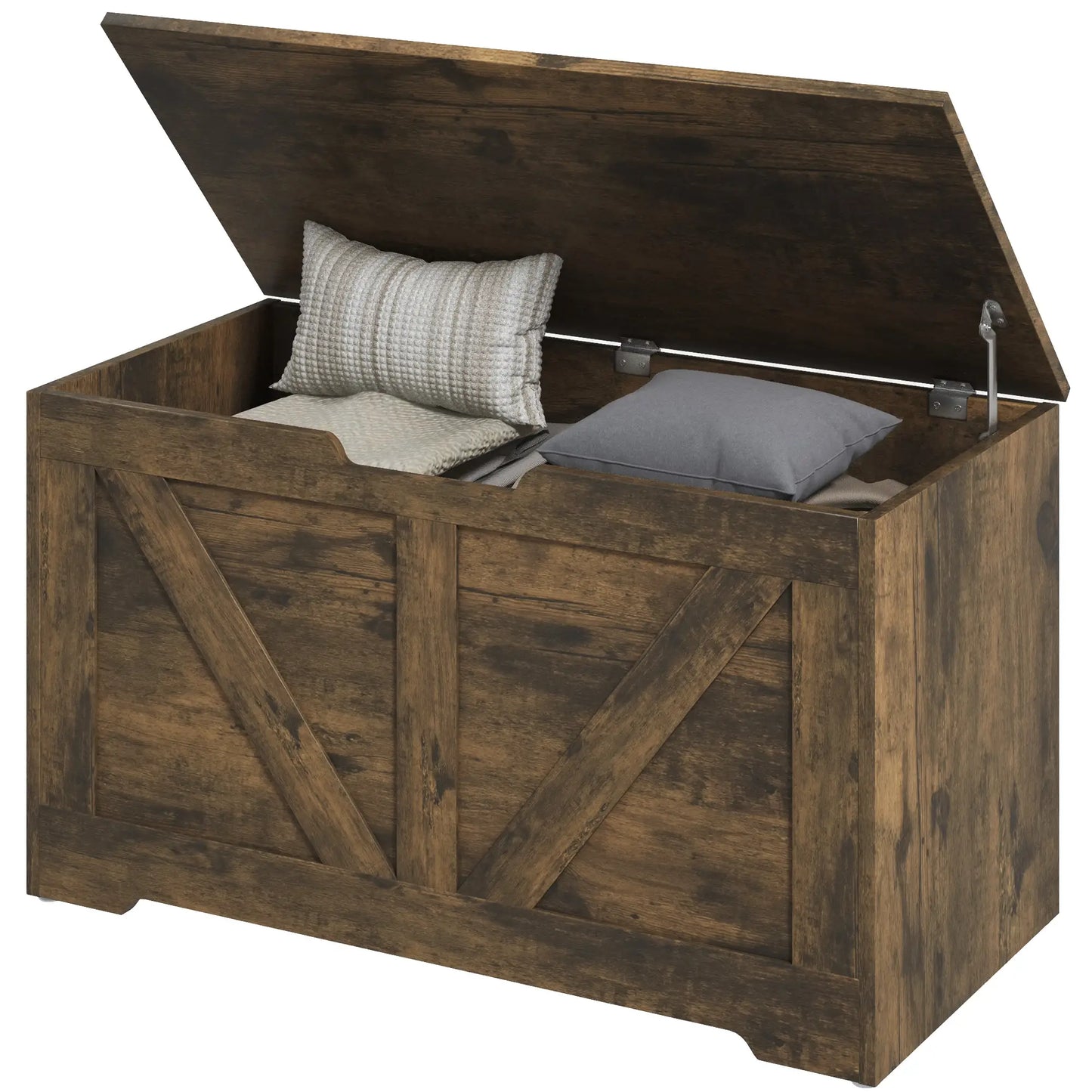 31.5 Inches Storage Chest with 2 Safety Hinges in Brown Wood Grain