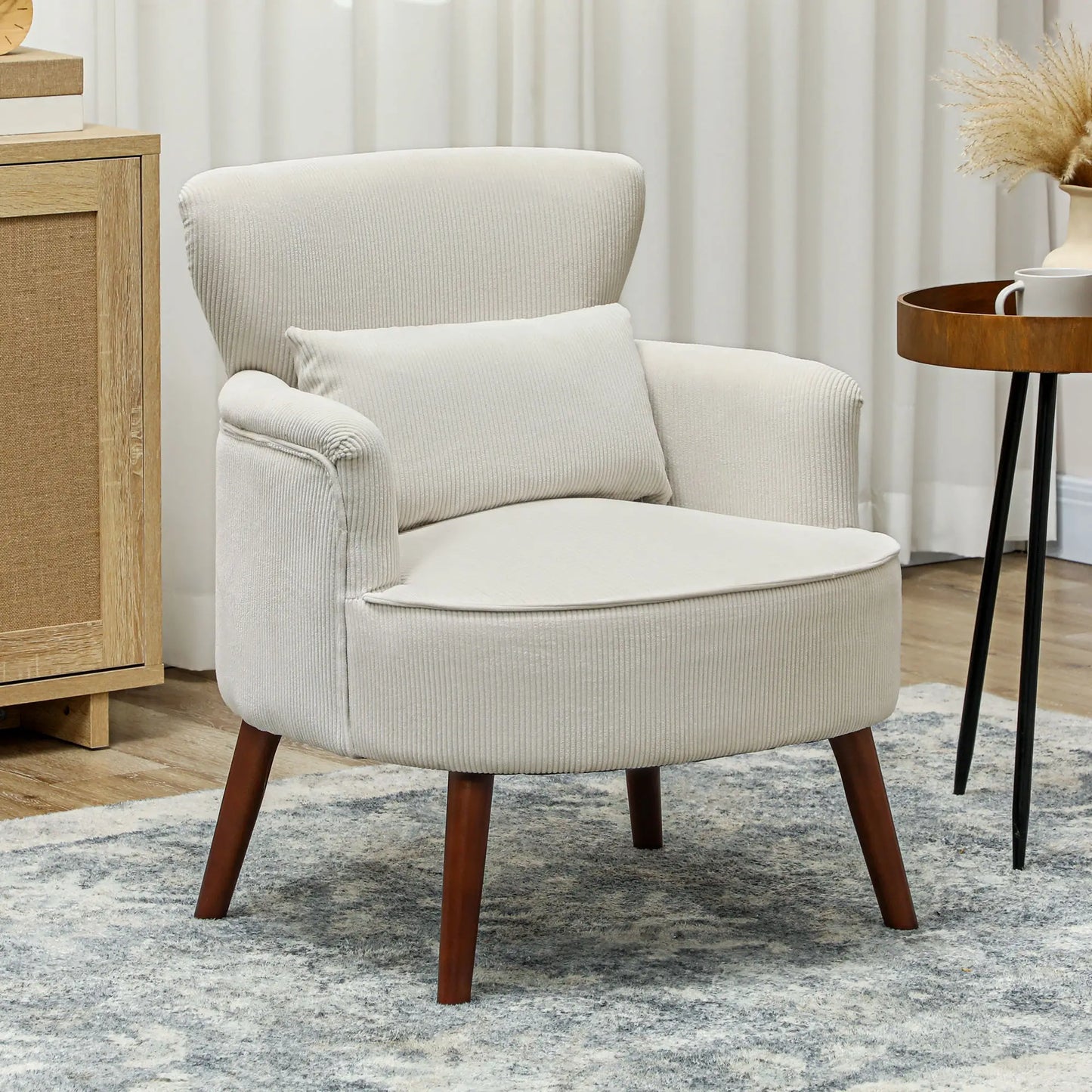 Modern Accent Chair with Solid Wood Legs and Lumbar Pillow for, Cream White