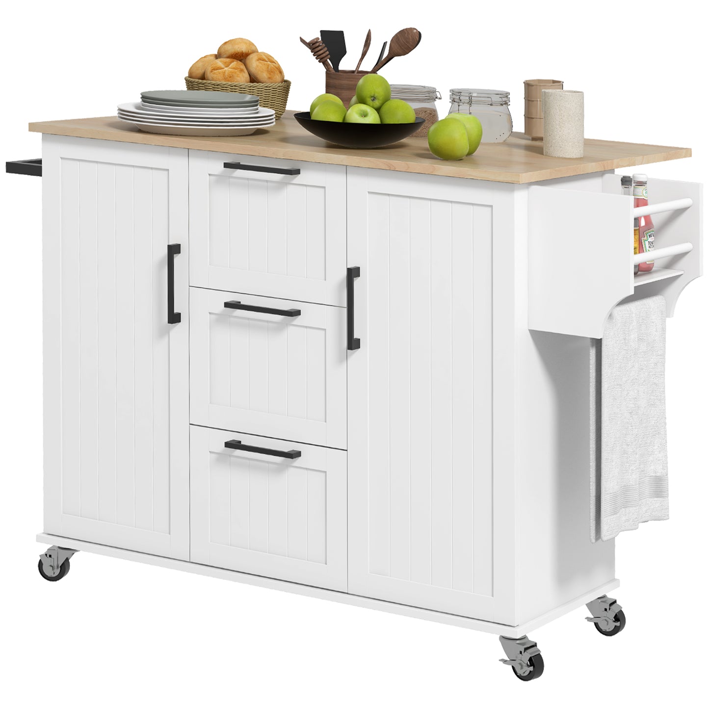 Rolling Kitchen Island with Drop Leaf, on Wheels with 3 Drawers, 2 Cabinets, Natural Wood Top, Spice Rack and Towel Rack, in White