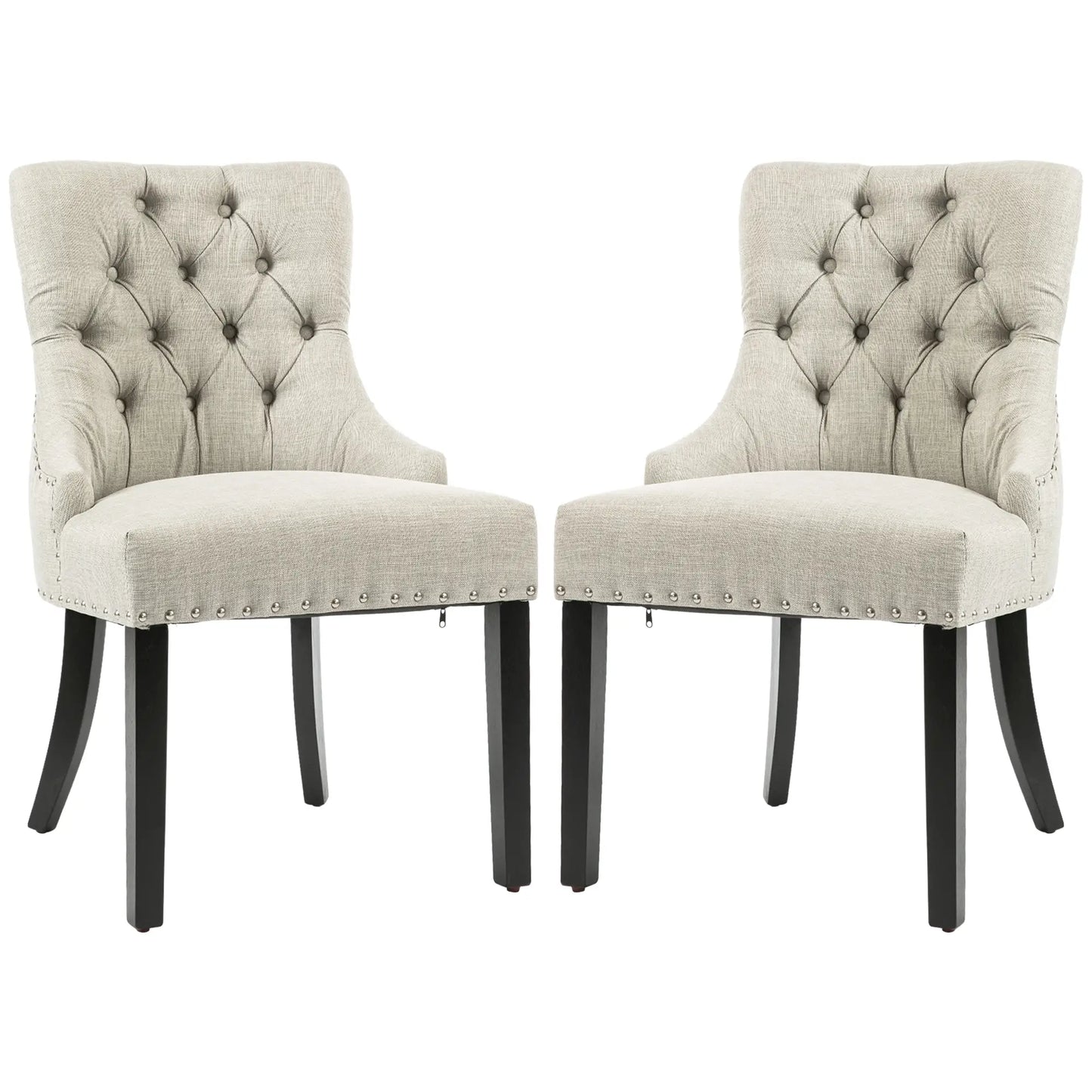 Swoop Air Linen Fabric Dining Chair Set of 2 with Nailhead Trim and Wood Legs Light Grey