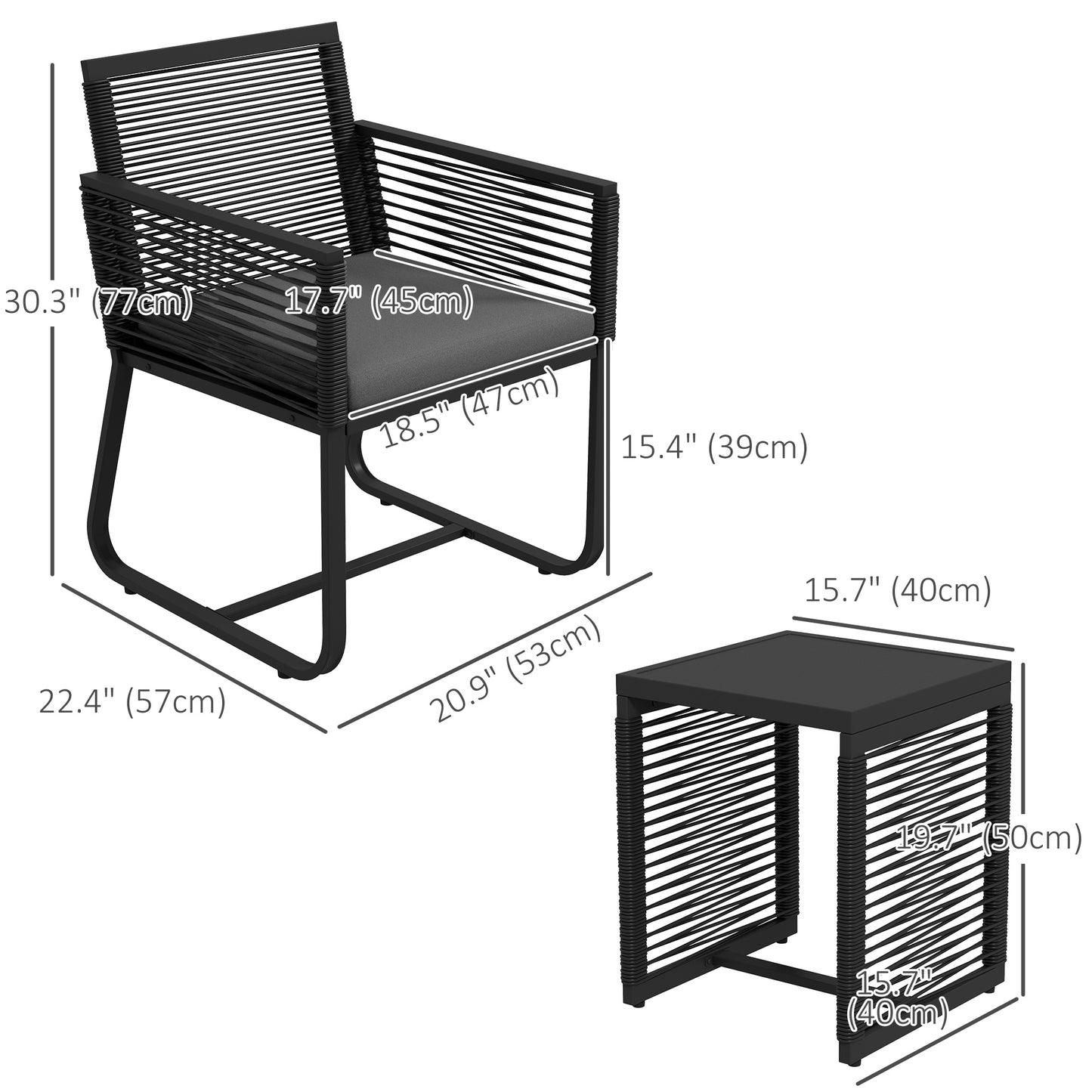 3 Pieces Patio Furniture Outdoor PE Rattan Bistro Set w/ Seat Cushions Tempered Glass Table for Garden Backyard, Black