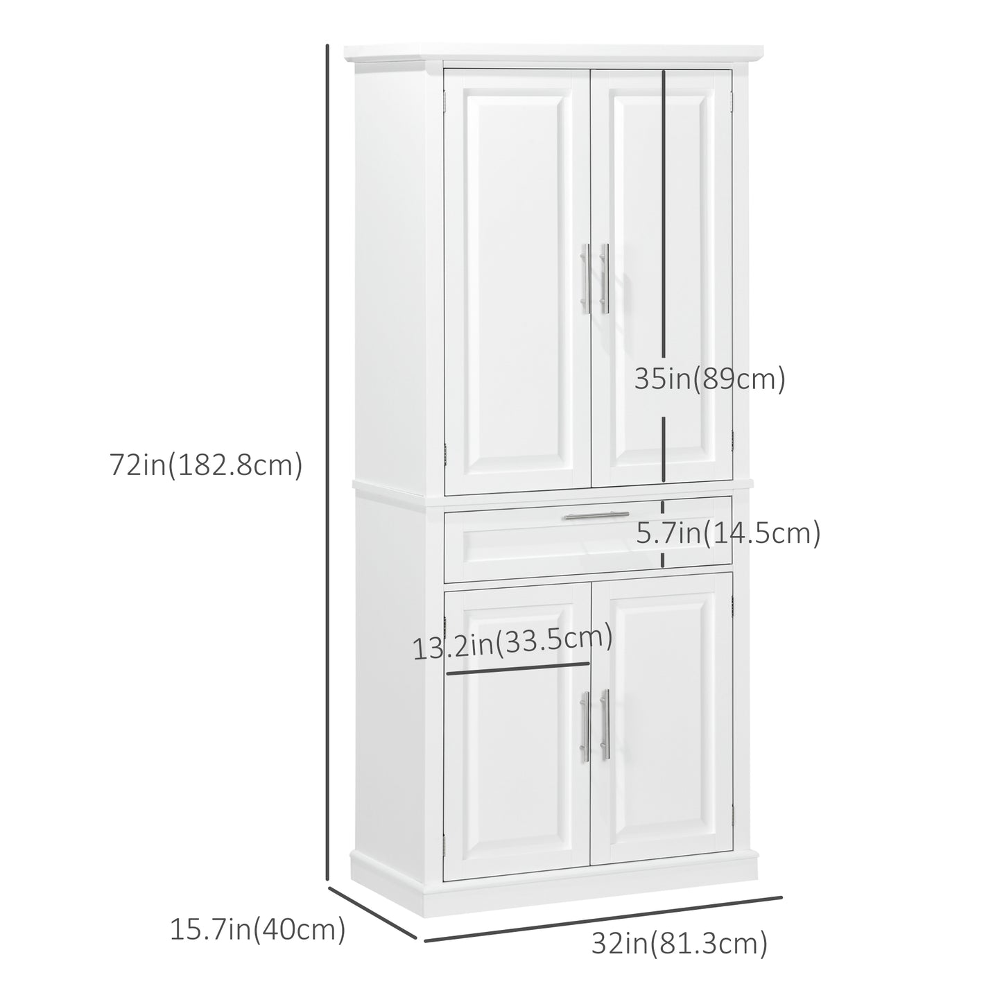 72" Kitchen Pantry Cabinet, Freestanding Storage Cabinet, 4-Door Cupboard with Drawer and Adjustable Shelves, White