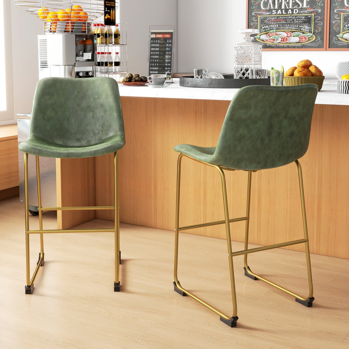 Bar Height Stools Set of 2, PU Leather Upholstered Stools for Kitchen Island, Modern Bar Chairs, Dark Green