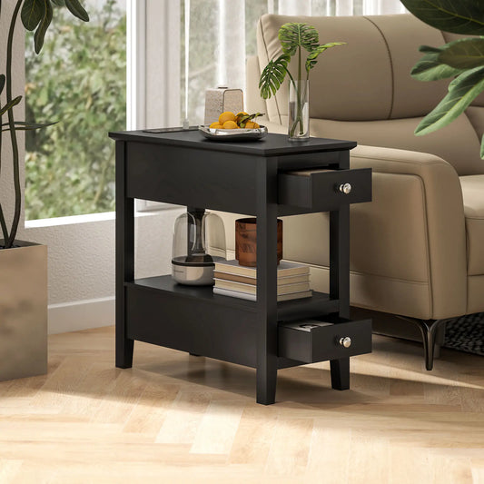 Narrow Side Table with Charging Station, USB Ports, Modern End Table with Storage Shelf, Drawers for Living Room, Black