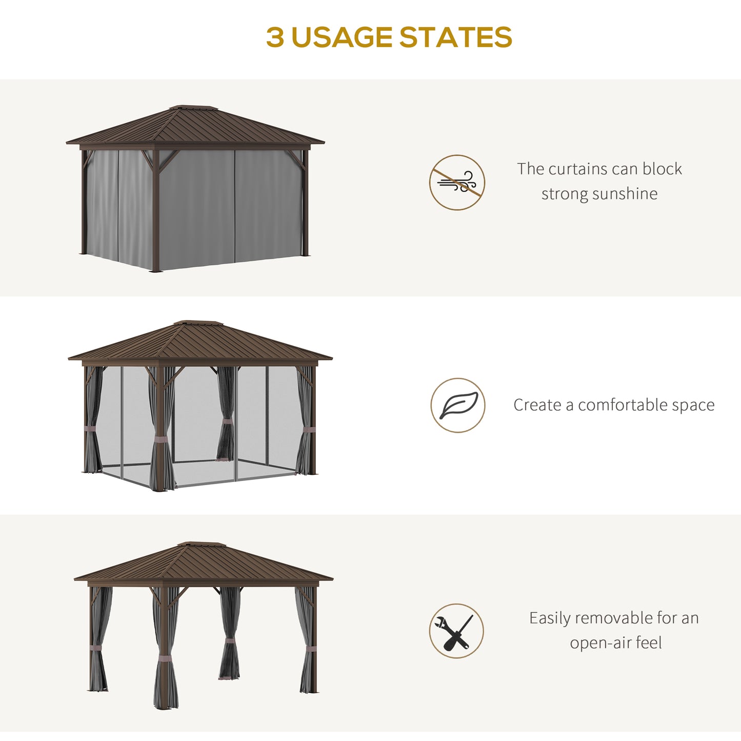 10' x 12' Hardtop Gazebo Canopy with Galvanized Steel Roof, Aluminum Frame, Permanent Pavilion Outdoor Gazebo with Netting, Curtains, Top Hook, Dark Grey