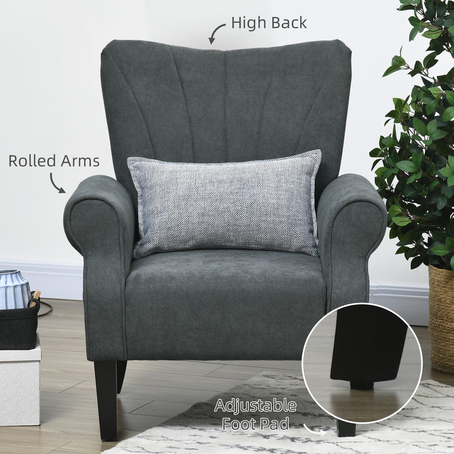 Modern Accent Chair with Wood Legs for Living Room, Bedroom, Home Office, Dark Grey