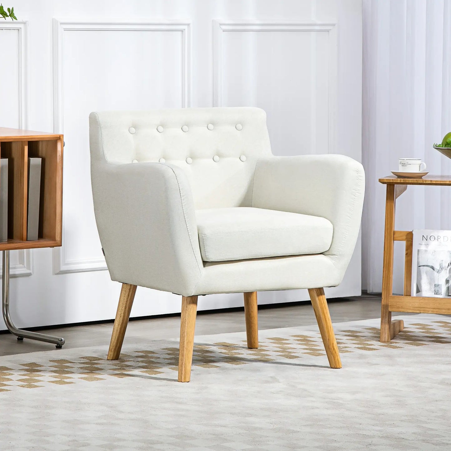 Mid-Century Modern Accent Chair with Wood Frame and Thick Padding, Cream White