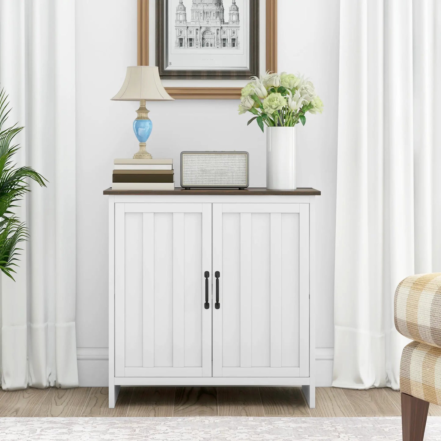 Modern Storage Cabinet with Beadboard Doors and Adjustable Shelf in White