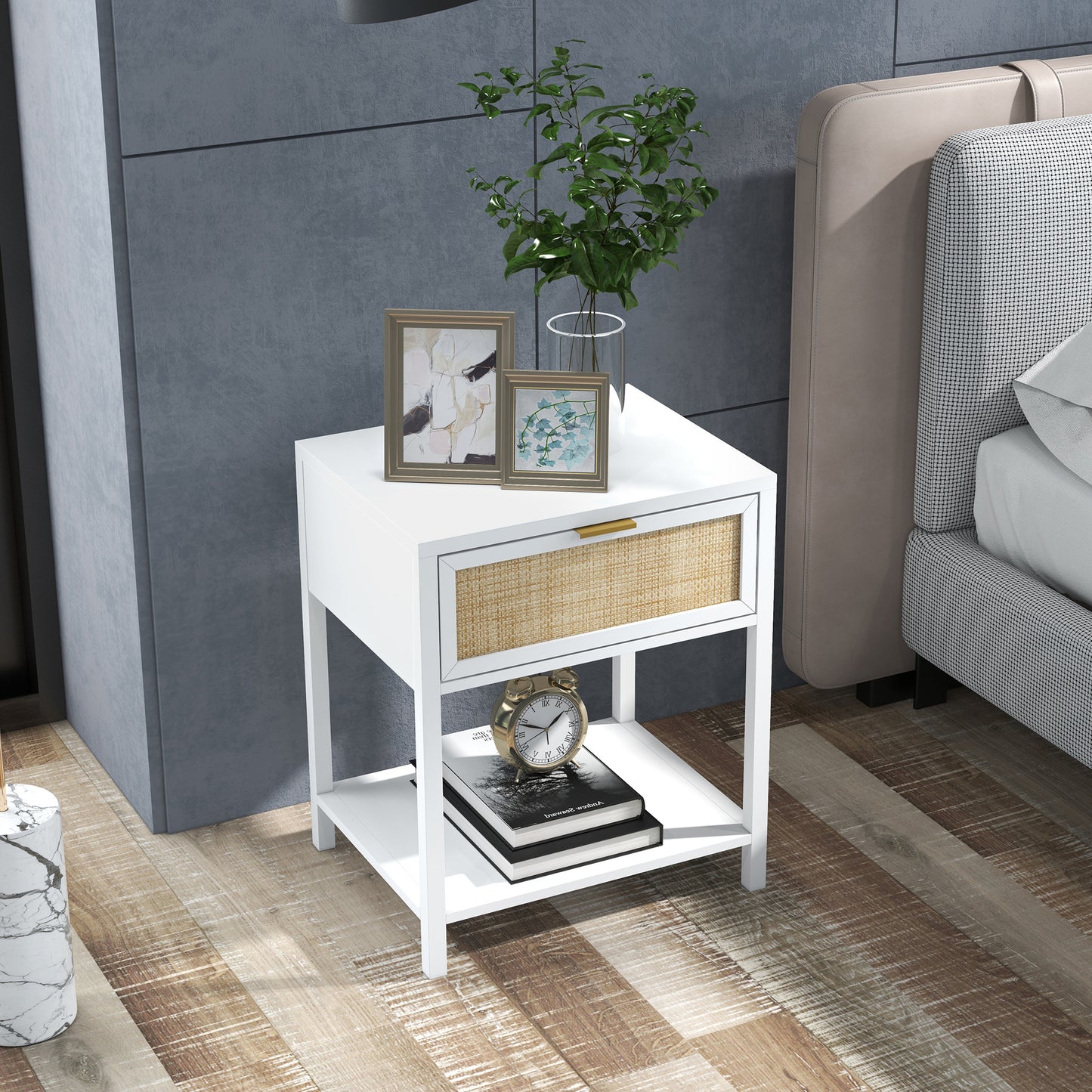 Farmhouse Nightstand, Bedside Table with Rattan Drawer and Open Shelf, Side End Table for Bedroom, Living Room