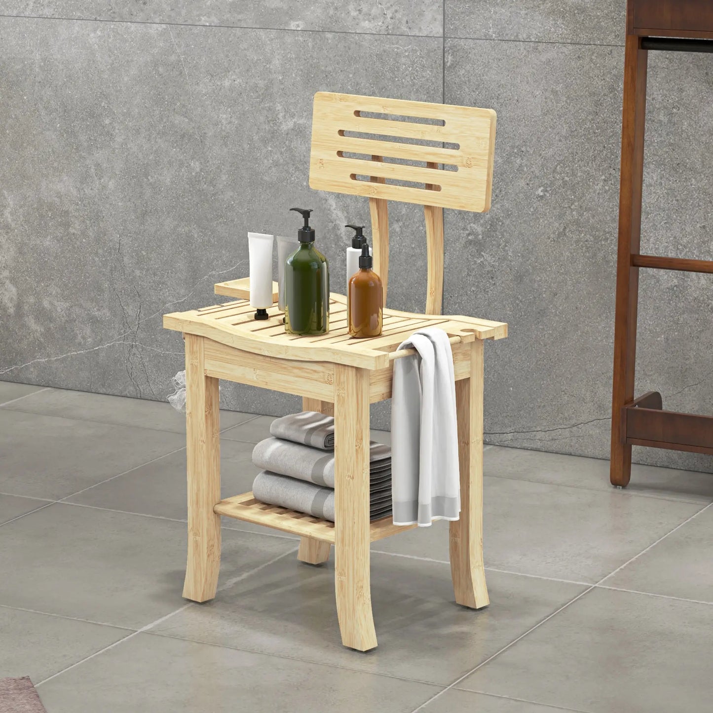 Bathroom Bench with Towel Rack, Shower Head Holder and Soap Dish, Natural Wood