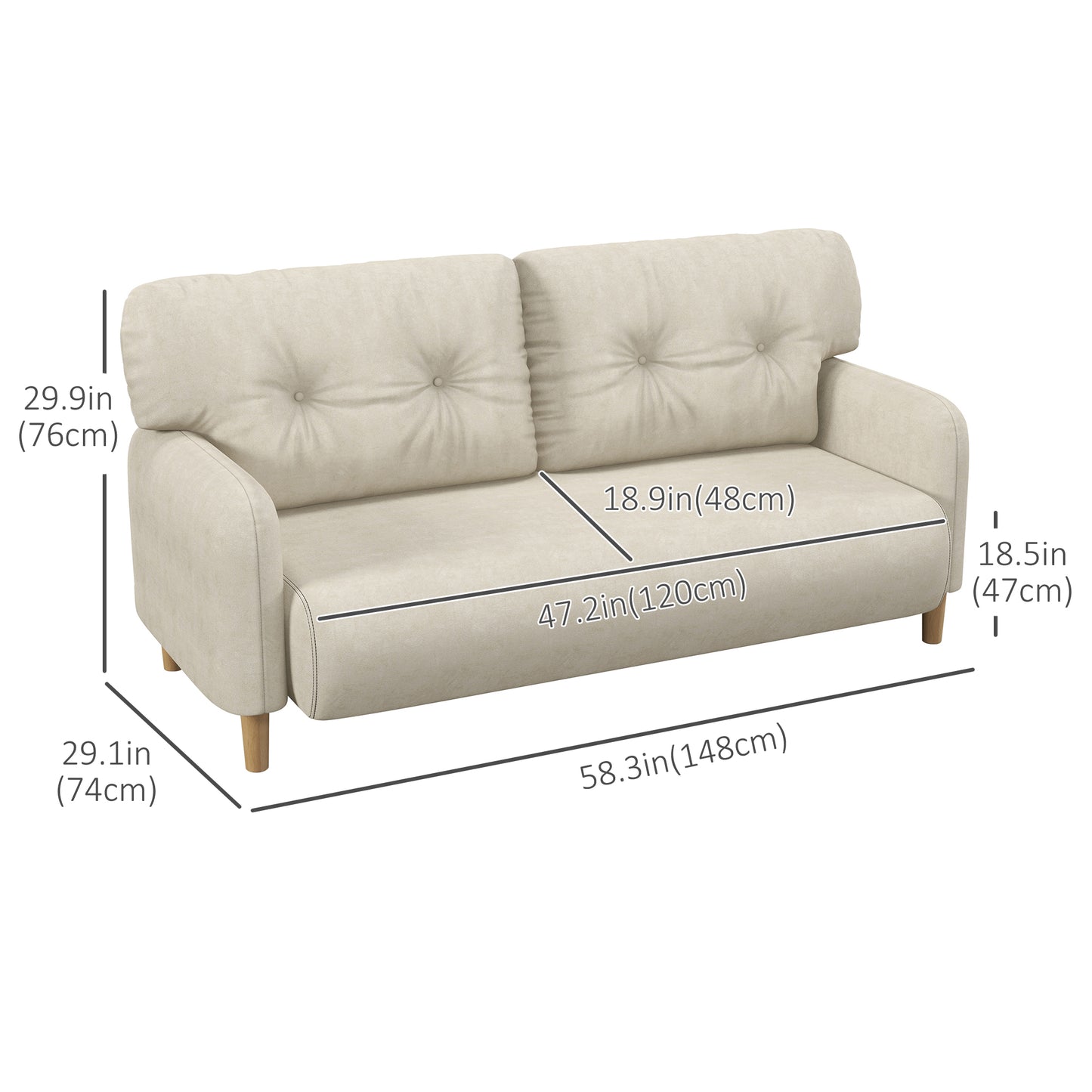 58" Modern Love Seats, Solid Wood Frame, Beige