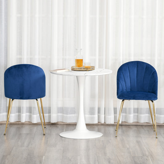 Modern Dining pr accent Chairs Set of 2, Upholstered, with Gold Metal Legs in Blue