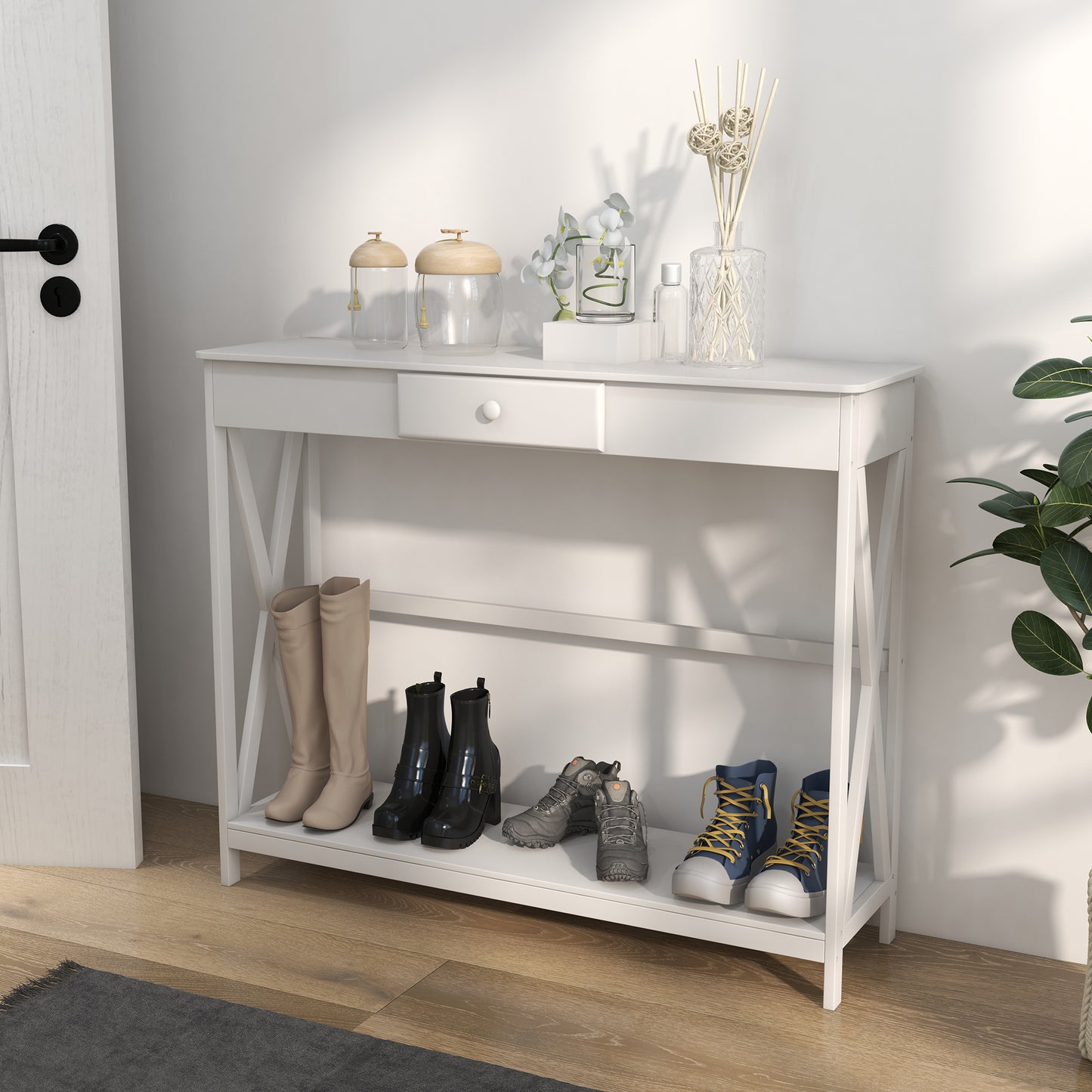 Console Table Or Narrow Entryway Table with Drawer Storage Shelf and X-frame, Slim Sofa Table for Living Room In White