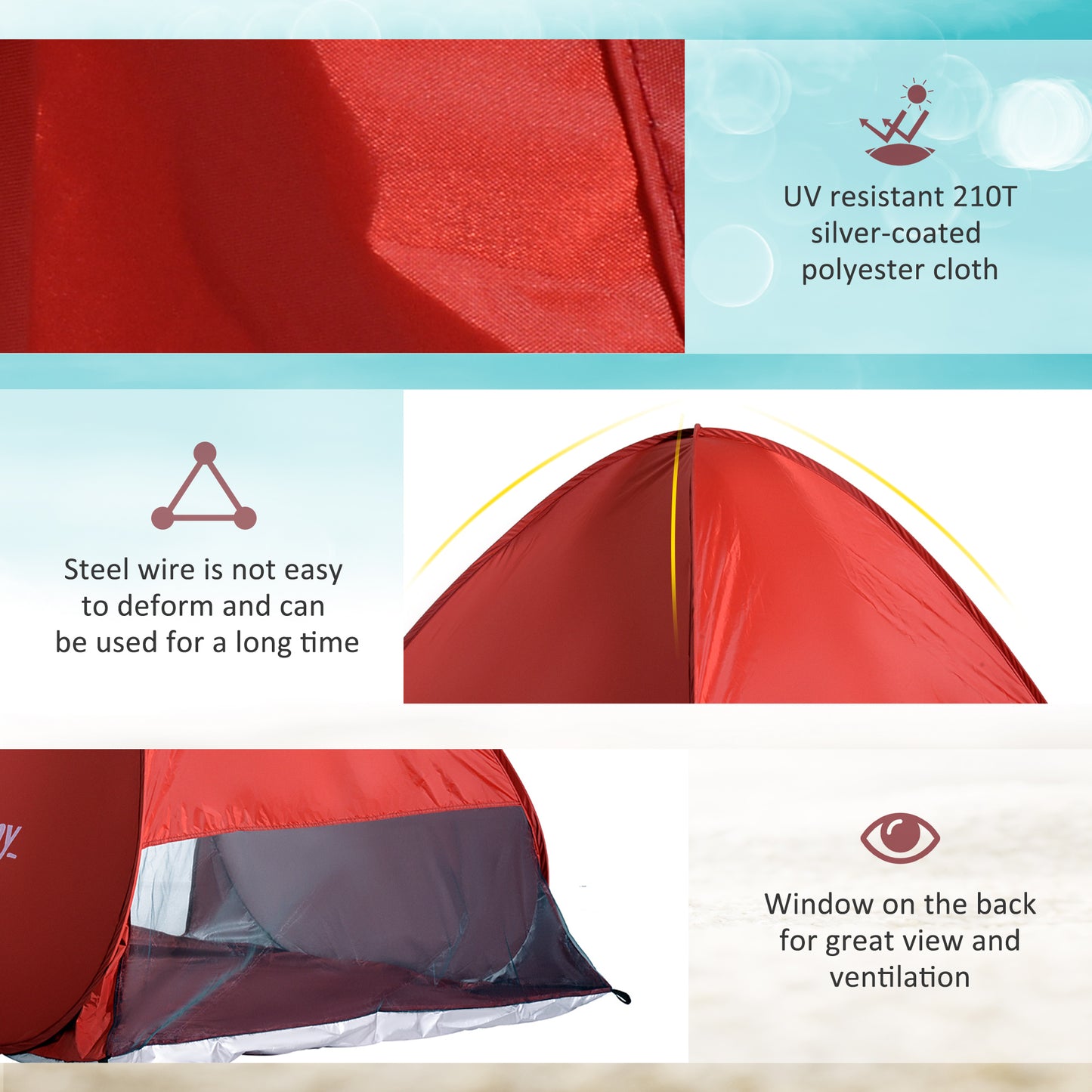 Outsunny Pop Up Beach Tent Portable Sun Shelter UV Protection Outdoor Patio with Carry Case & Stakes Red