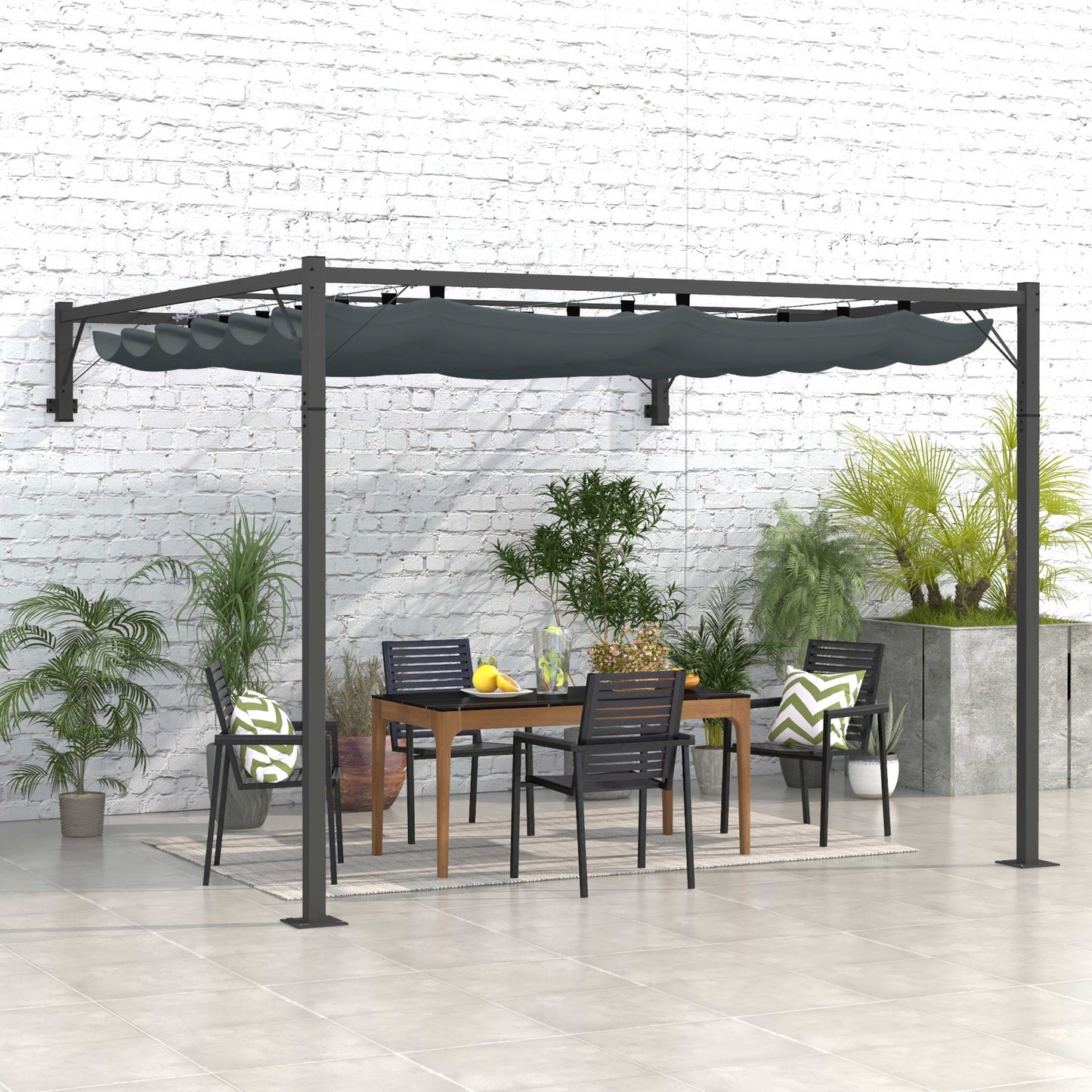 Metal Pergola with Retractable Roof, 10' x 10' Wall Mounted Outdoor Gazebo Sun Shade Shelter