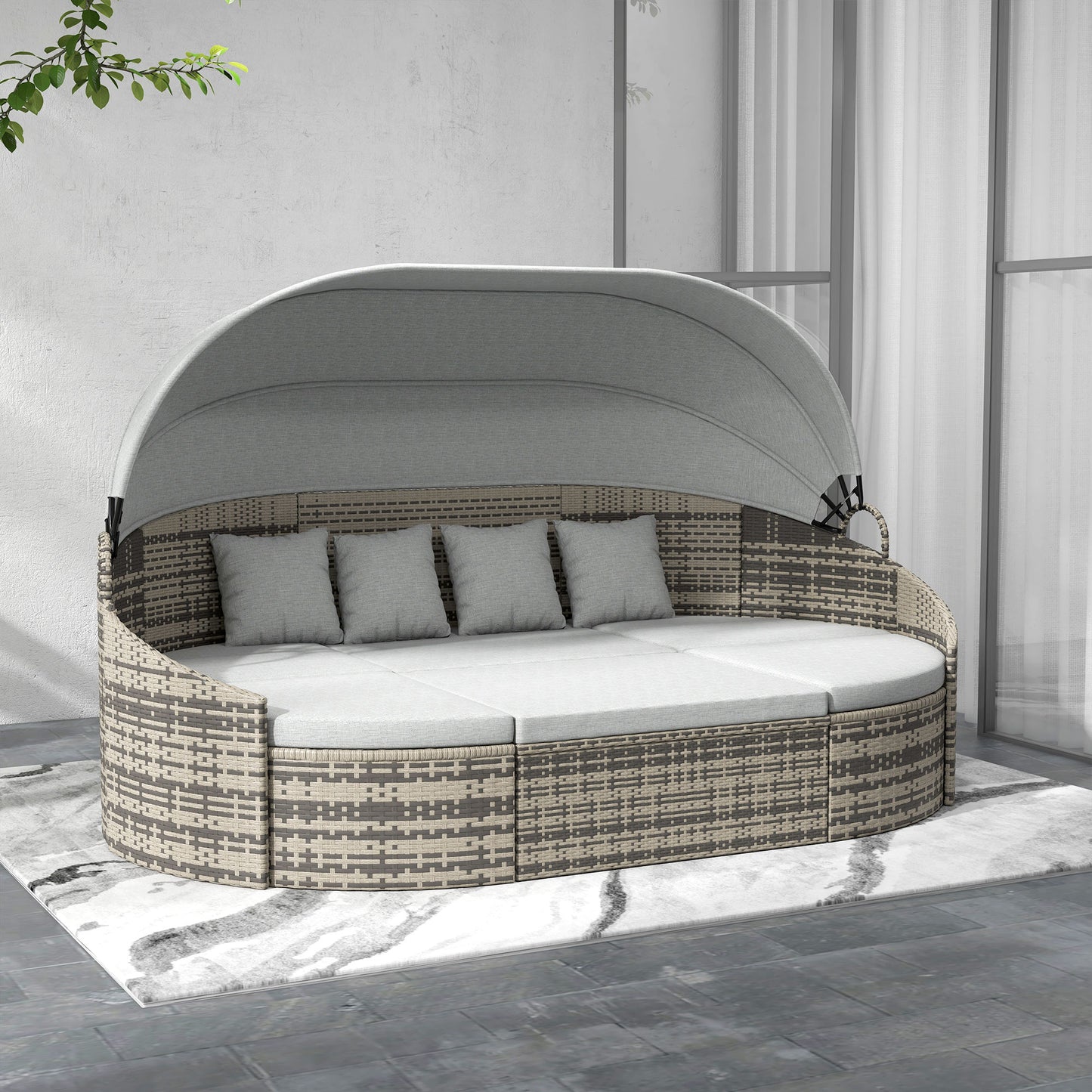 4 Pieces Patio PE Wicker Round Daybed, Outdoor Rattan Garden Lounge Furniture Sets, Light Grey