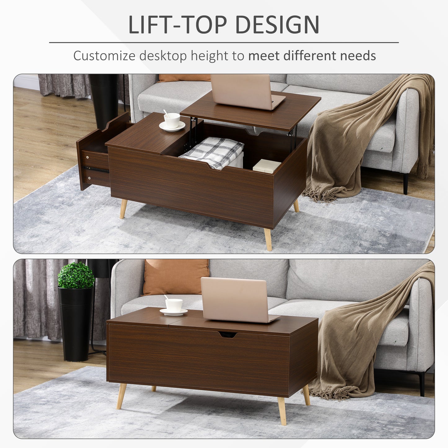 Coffee Table with Wood Legs, Lift Top Coffee Table with Drawer, Hidden Compartment, 38.6" x 21.3" x 18.9", Brown