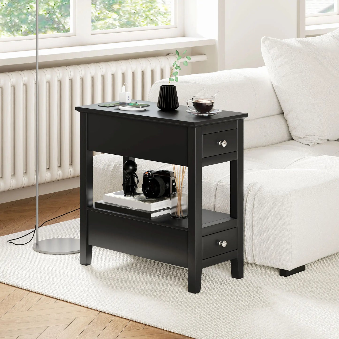 Narrow Side Table with Charging Station, USB Ports, Modern End Table with Storage Shelf, Drawers for Living Room, Black