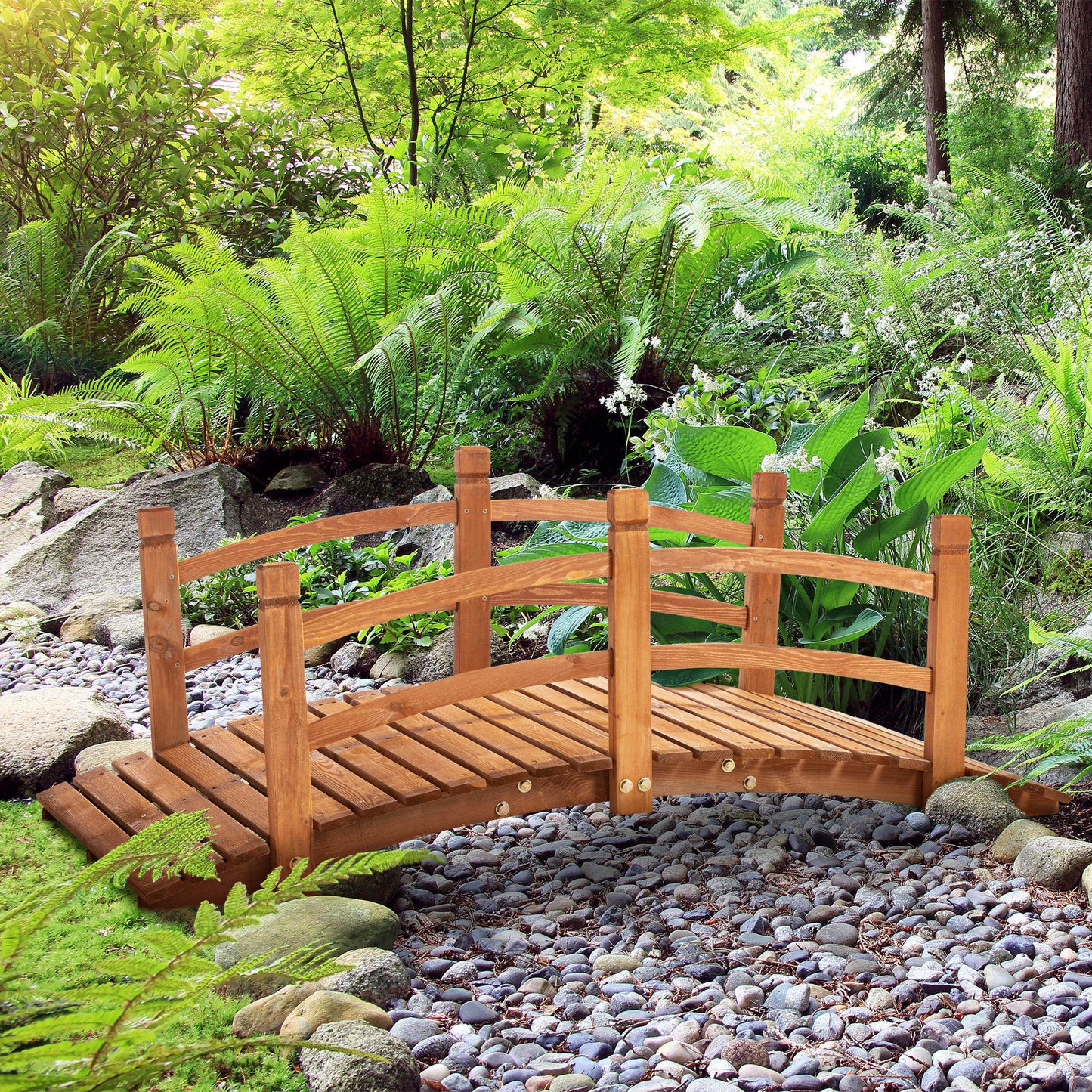 5FT Wooden Garden Bridge Classic Arc Footbridge with Guardrails for Stream Pond Walkway, Orange