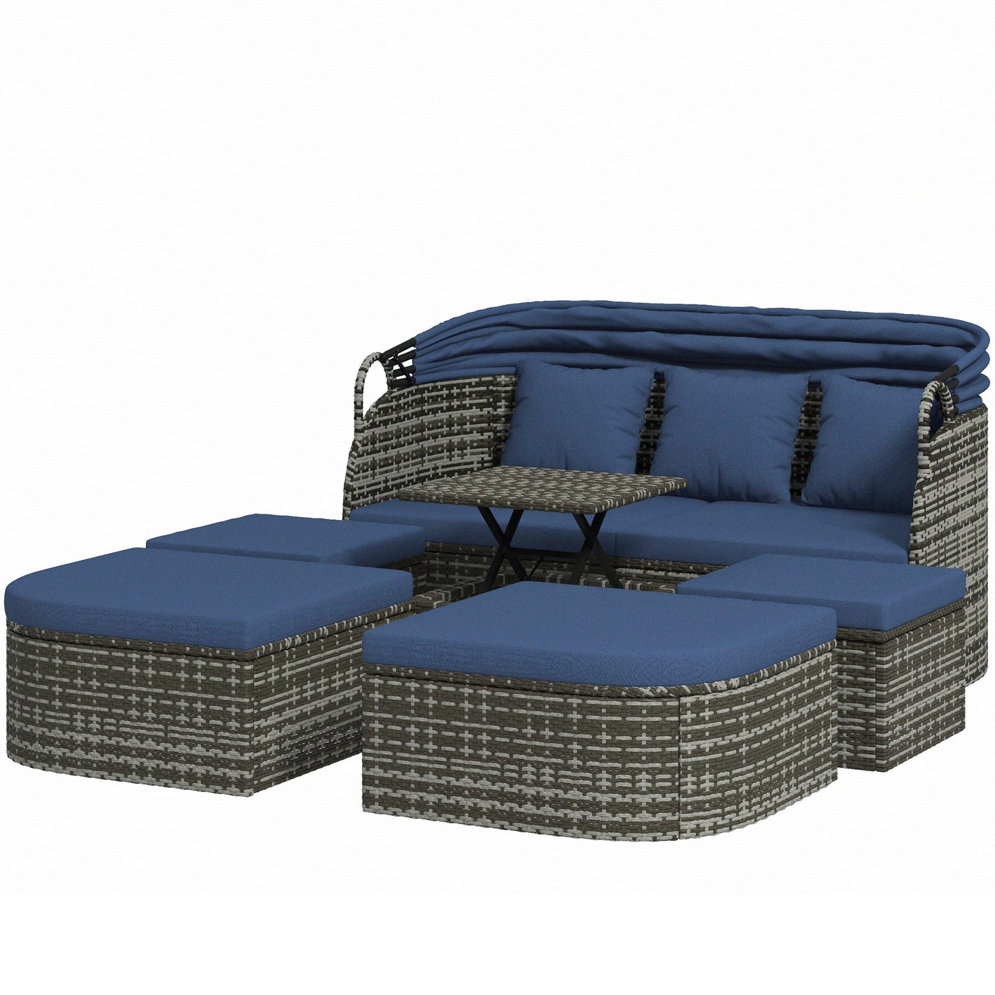 6-Piece Patio Set, PE Rattan Outdoor Daybed with Canopy and Lift up Coffee Table