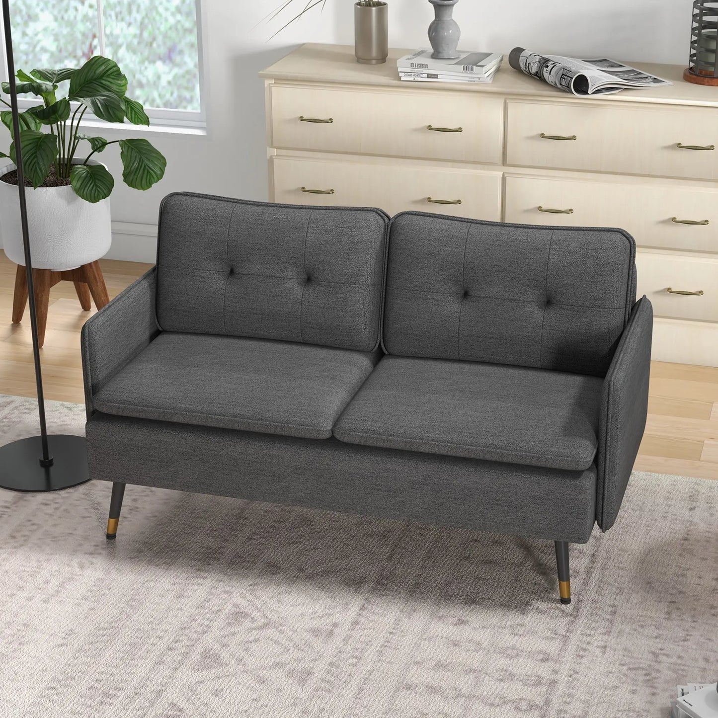 Modern 55" Loveseat, Fabric Love Seat Sofa with Button Tufted Back, with Steel Legs in Dark Grey