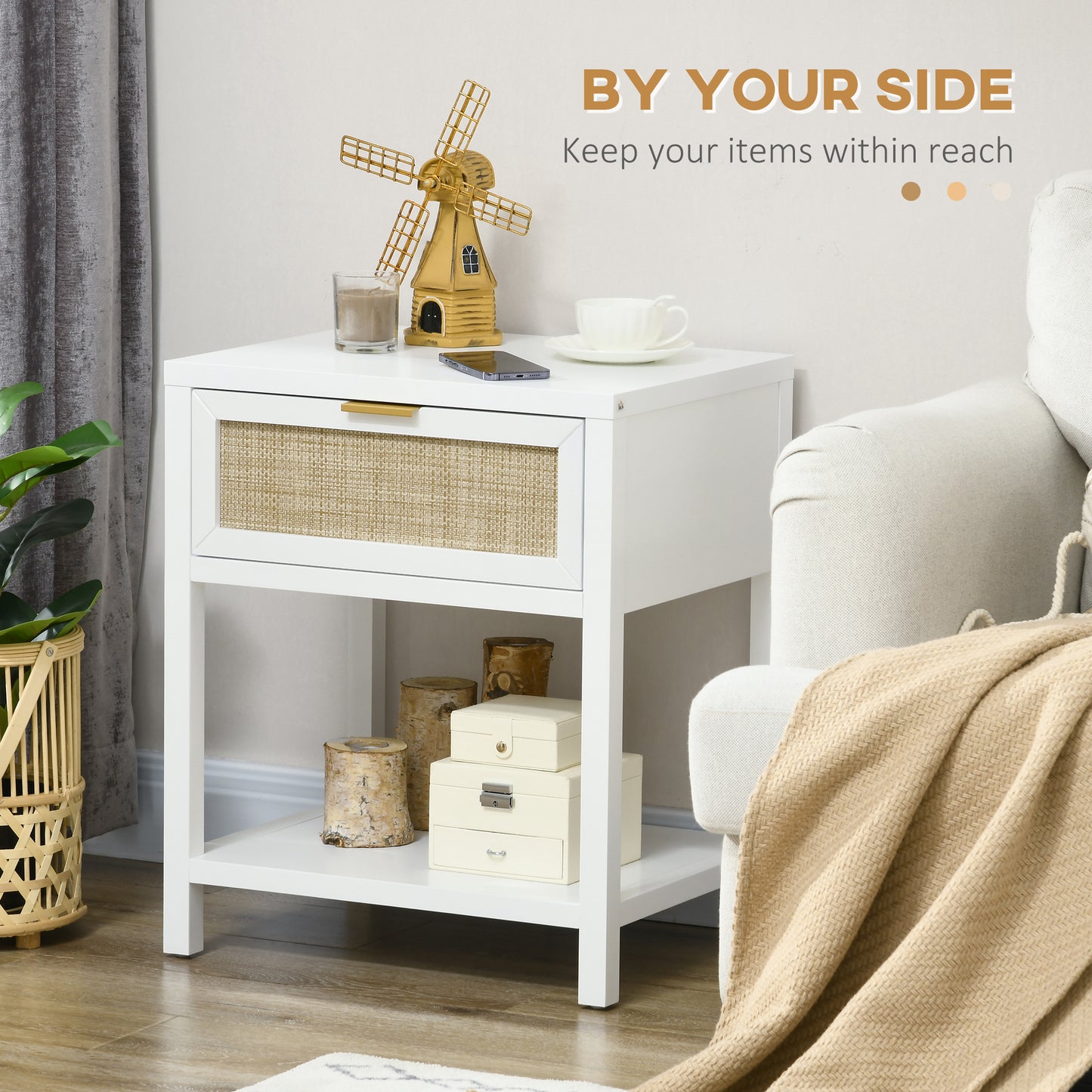 Farmhouse Nightstand, Bedside Table with Rattan Drawer and Open Shelf, Side End Table for Bedroom, Living Room