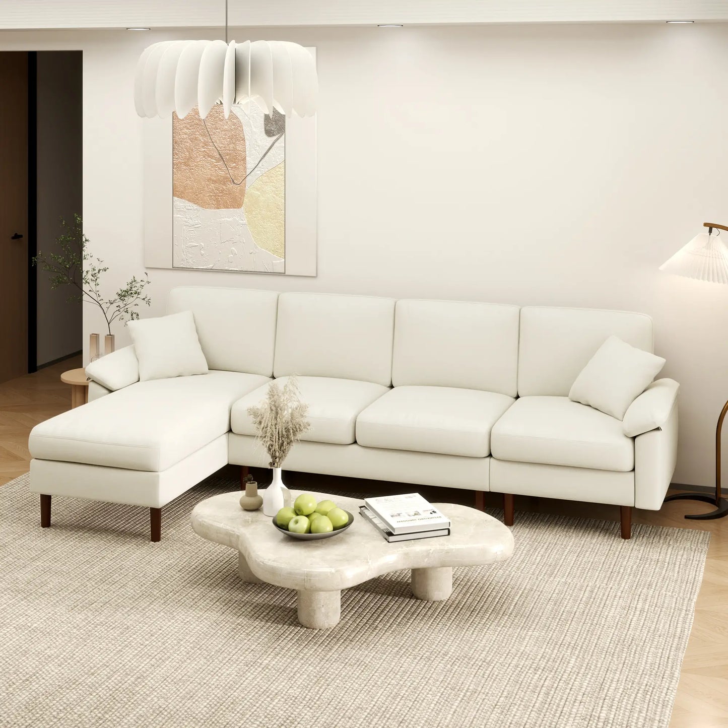 Modern Sectional Couch with Changeable Chaise Lounge, Pillows and Wooden Legs for Living Room, Cream White