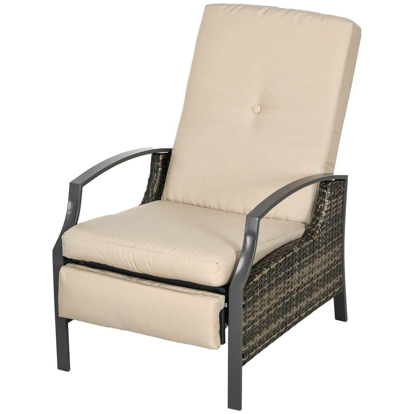 Rattan Recliner Chair for Outside Wicker Reclining Chair with Adjustable Back Retractable Footrest Cushion Khaki