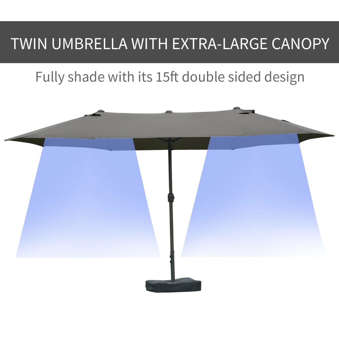 15' Outdoor Patio Umbrella with Twin Canopy Sunshade with Lift Crank, Cross base, Sandbag, Dark Grey