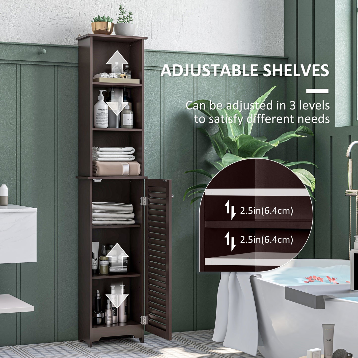 Tall Bathroom Storage Cabinet, Freestanding Linen Tower with 3-Tier Open Adjustable Shelf and Cupboard, Dark Brown