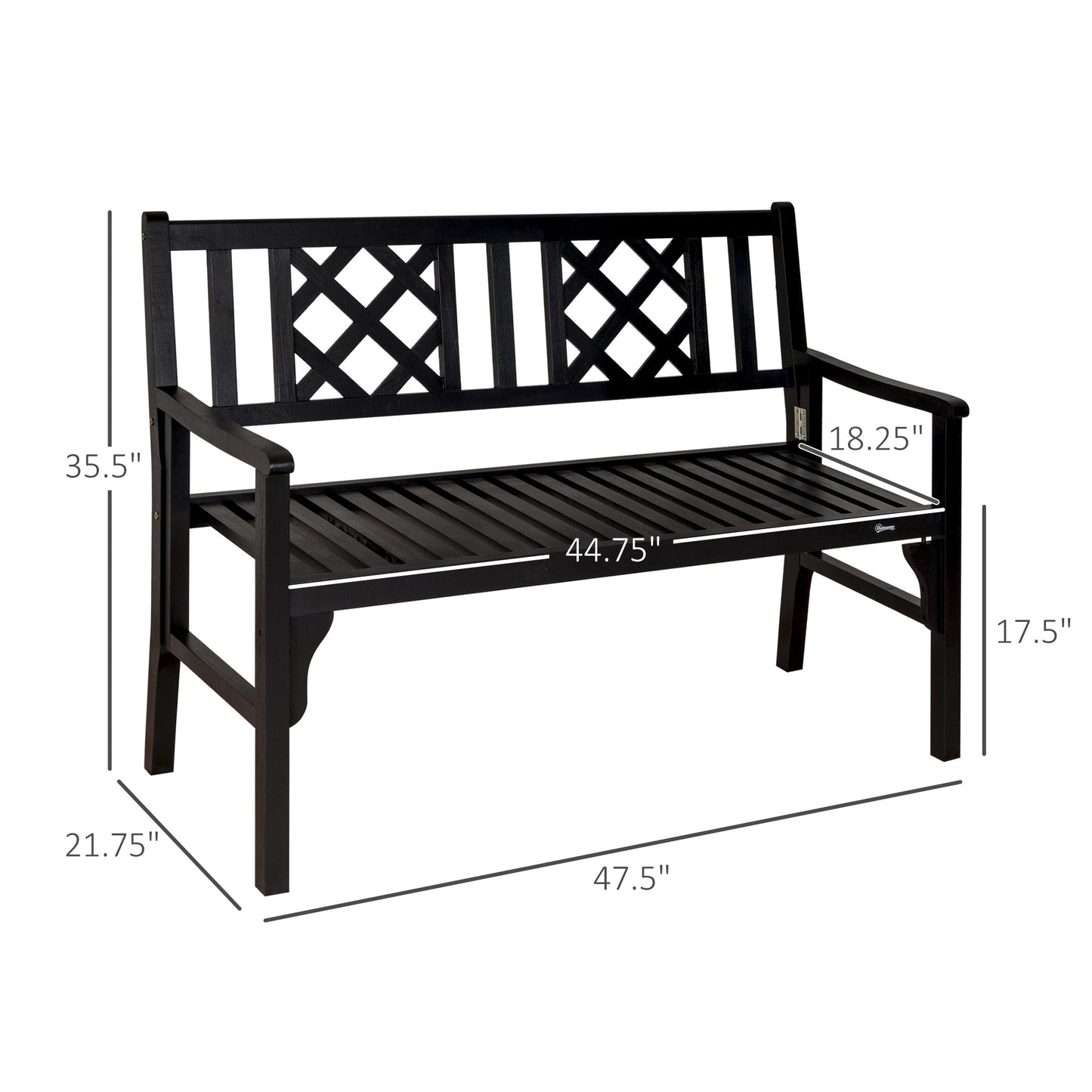 Outsunny Foldable Garden Bench, 2-Seater Patio Wooden Bench, Loveseat Chair with Backrest and Armrest for Patio, Porch or Balcony, Black