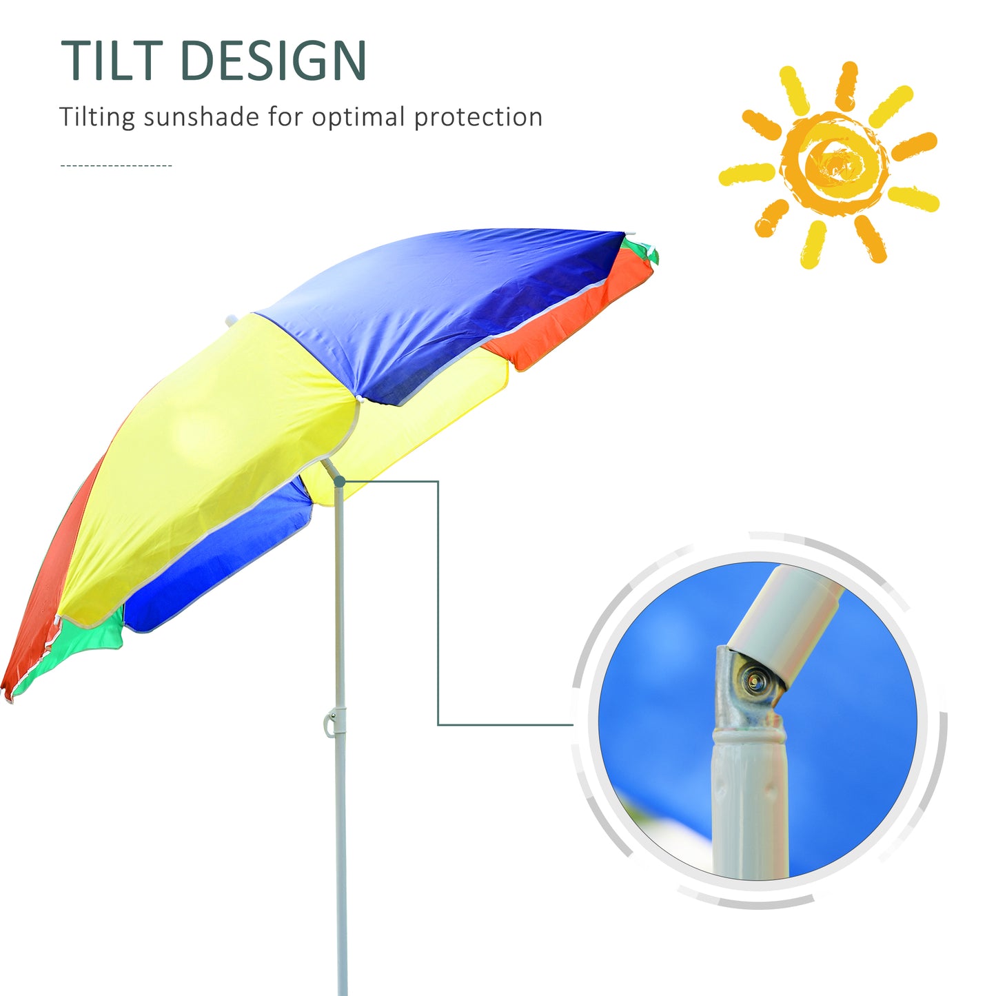 5ft Round Beach Umbrella Outdoor UV Protection Sun Shade Canopy w/ Push Button Tilt Pole Rainbow