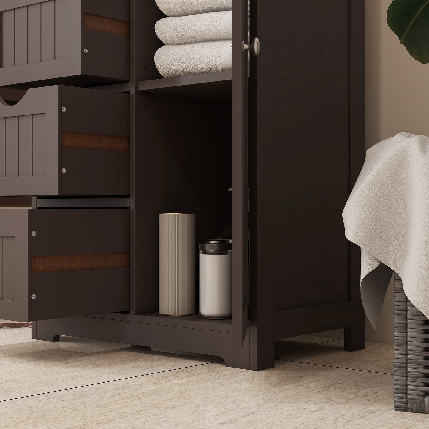 Bathroom Storage Cabinet with Adjustable Shelf and 4 Drawers, in Brown