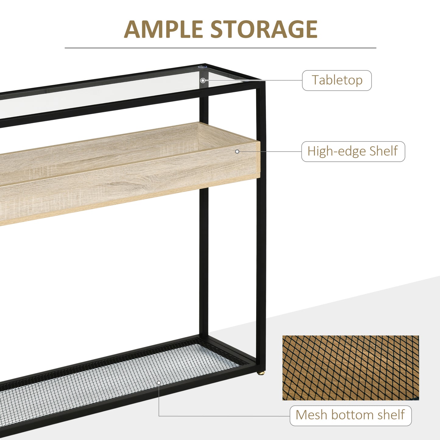 Industrial Narrow Console Table, Sofa Table, Entryway Table with Storage Shelf, Tempered Glass Top and Steel Frame for Living Room