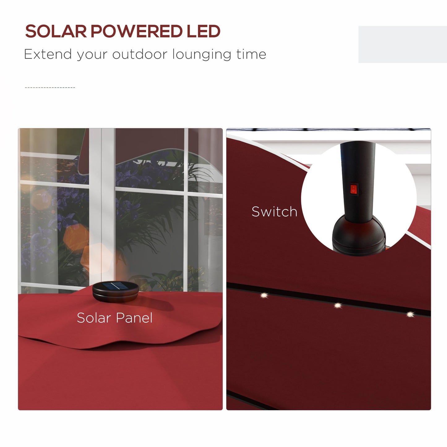 Solar Patio Umbrella with LED and Tilt, Outdoor Market Table Umbrella Parasol with Crank, 10 x 10 ft, Wine Red