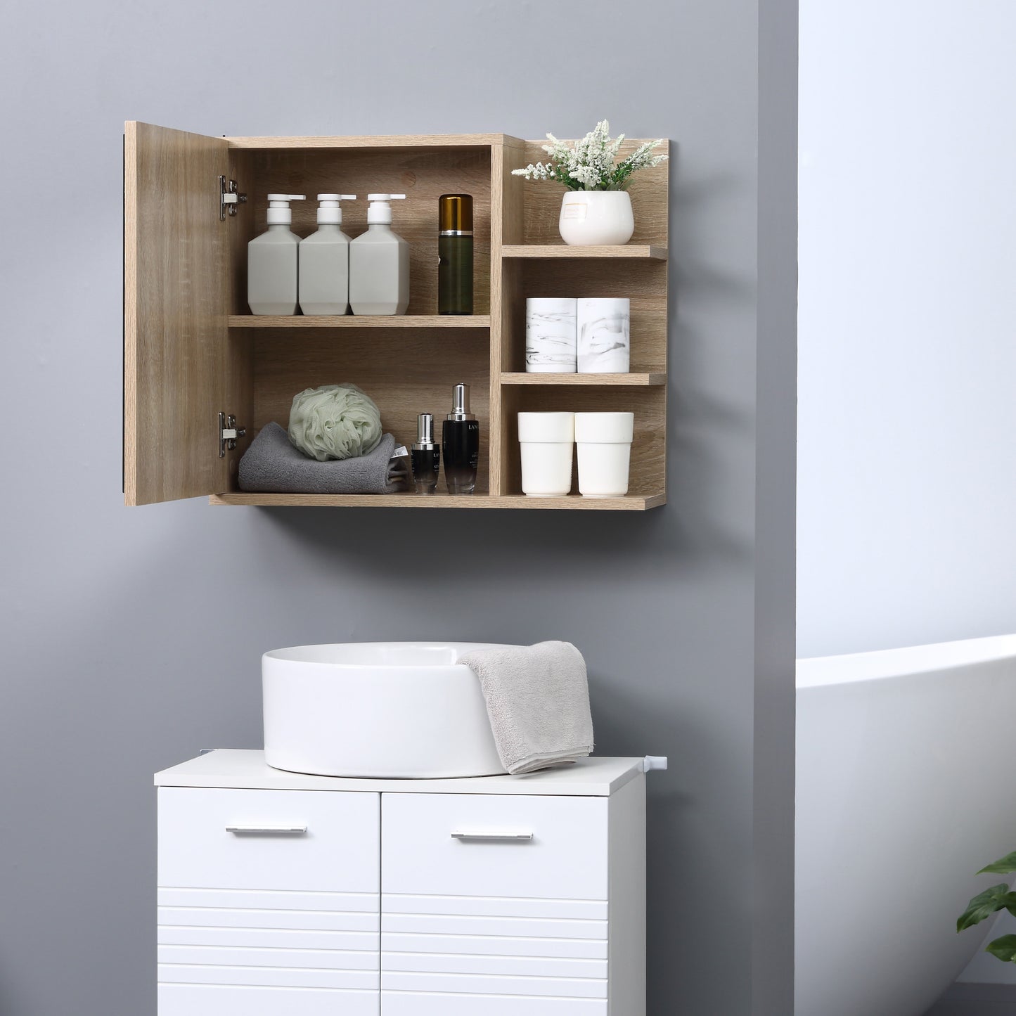 kleankin Bathroom Wall Cabinet, Medicine Cabinet with Mirror, Hanging Storage Organizer with Storage Shelves, Natural