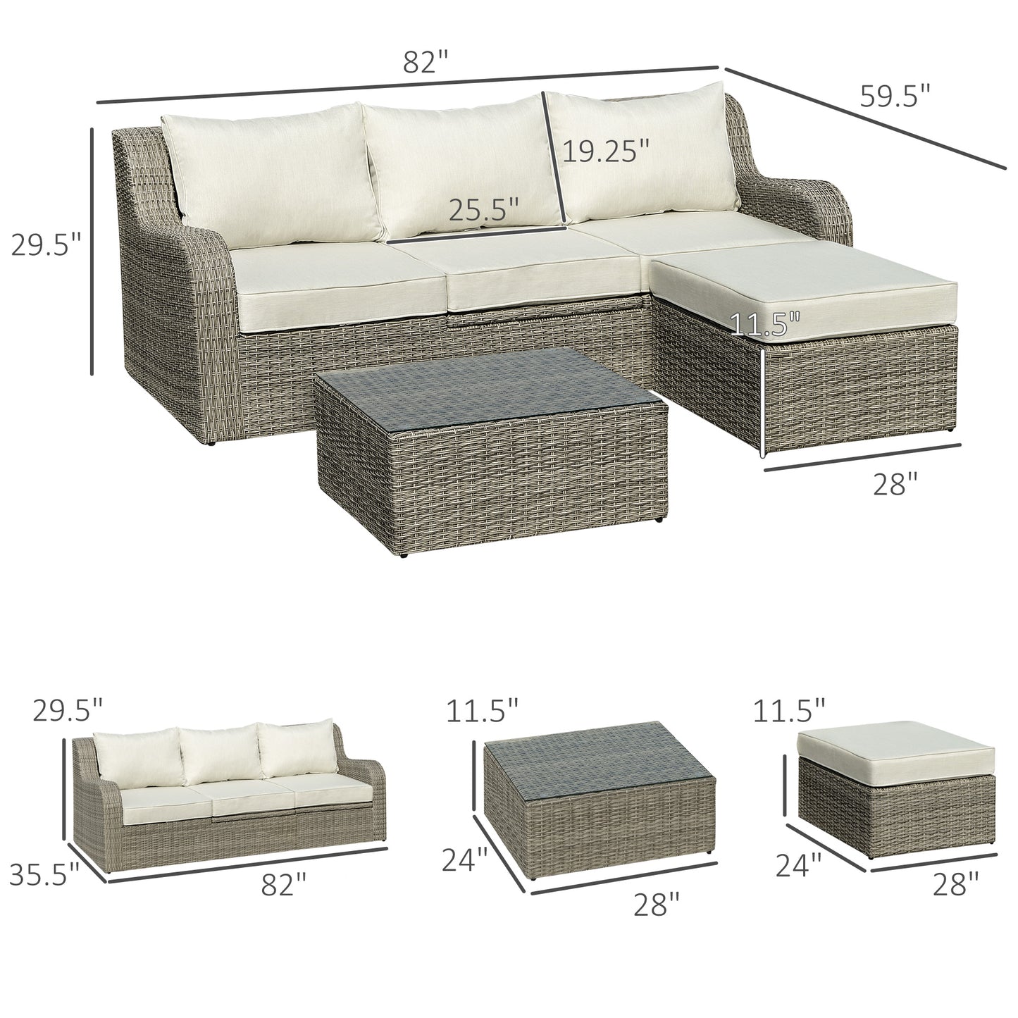 3 Pieces Wicker Patio Furniture Set with Liftable Middle Table, Aluminum Frame Full Assemblied Outdoor Sectional Conversation Sofa Set with 4" Thick Padded Cushions, Beige