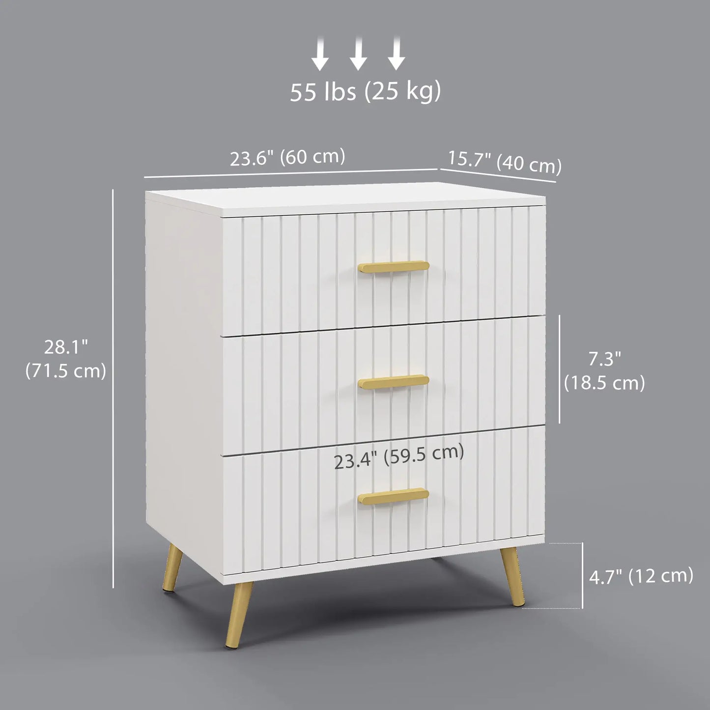 3 Drawer Drawer Chest with Aluminium Legs and Gold Handles, in White